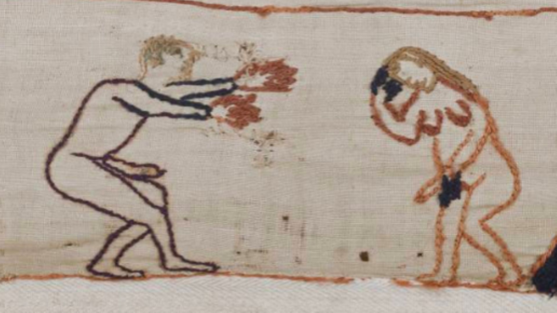 La tapisserie présente des personnages nus