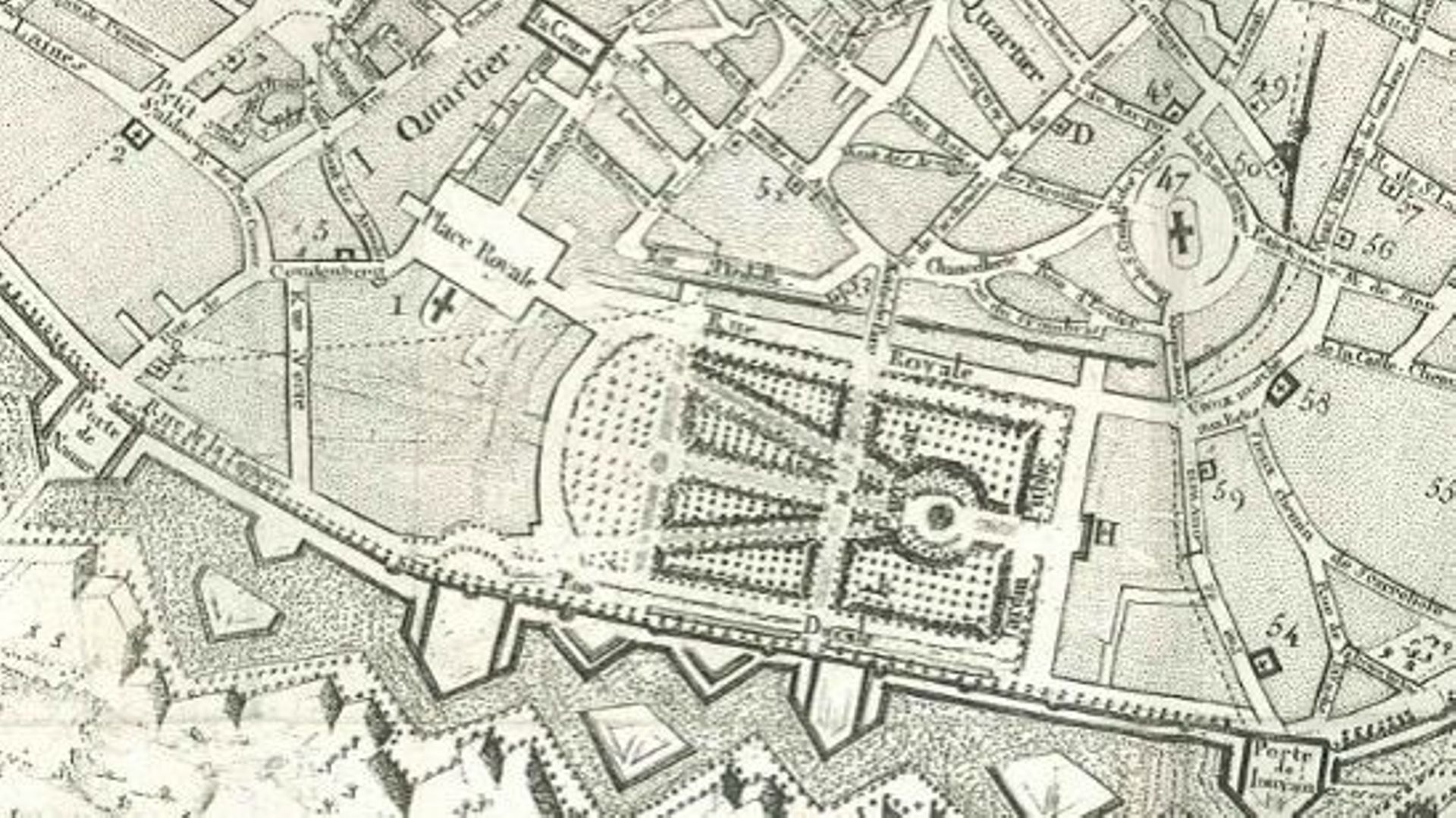 Extrait de " Description de la ville de Bruxelles enrichie de plan de la ville et de perspectives " – George Fricx, 1782. Académie Royale de Belgique.