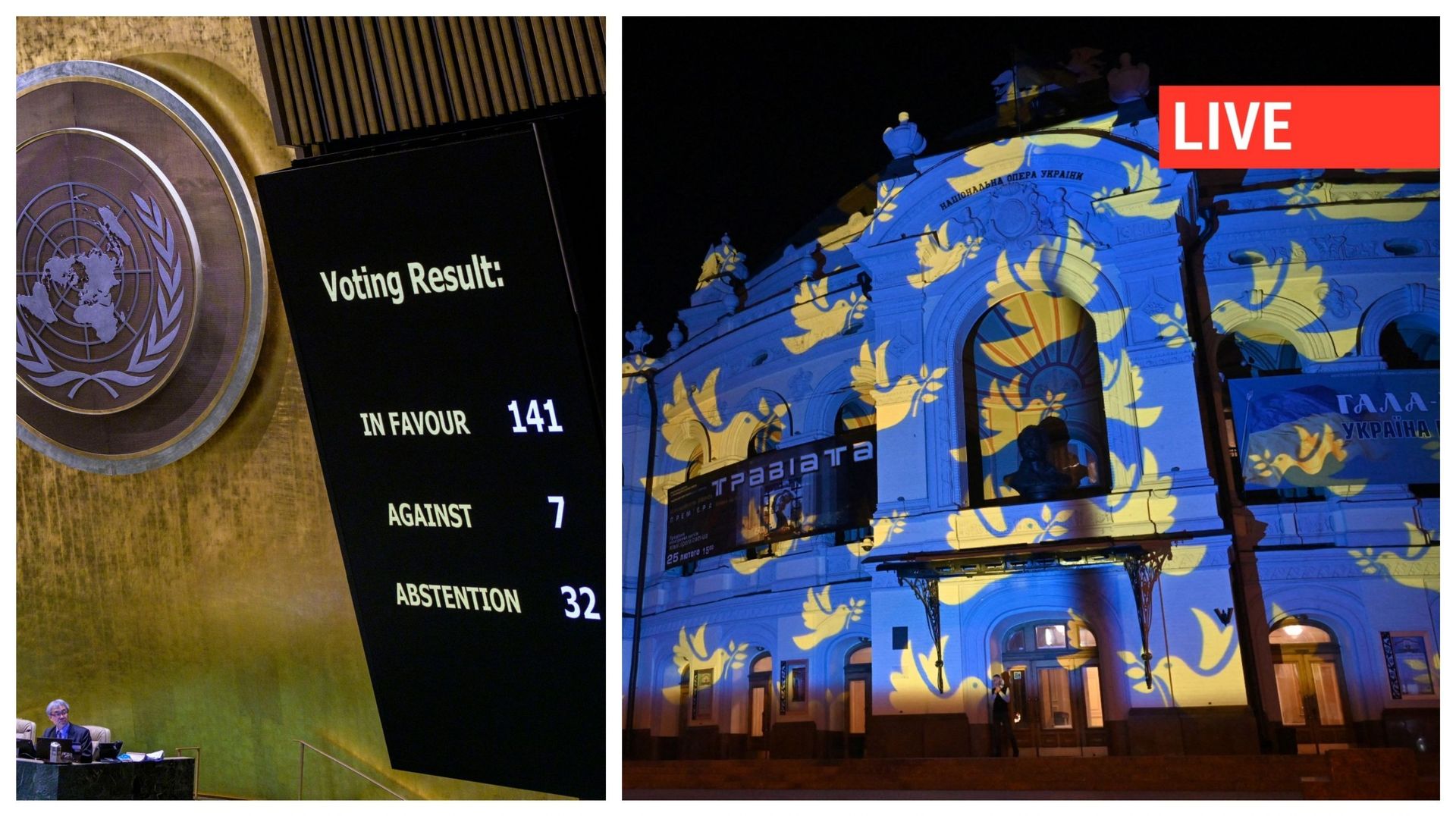 Vote de l'ONU ce jeudi à New York, et la Poste de Kiev illuminée avec des colombes de la Paix (illustration)