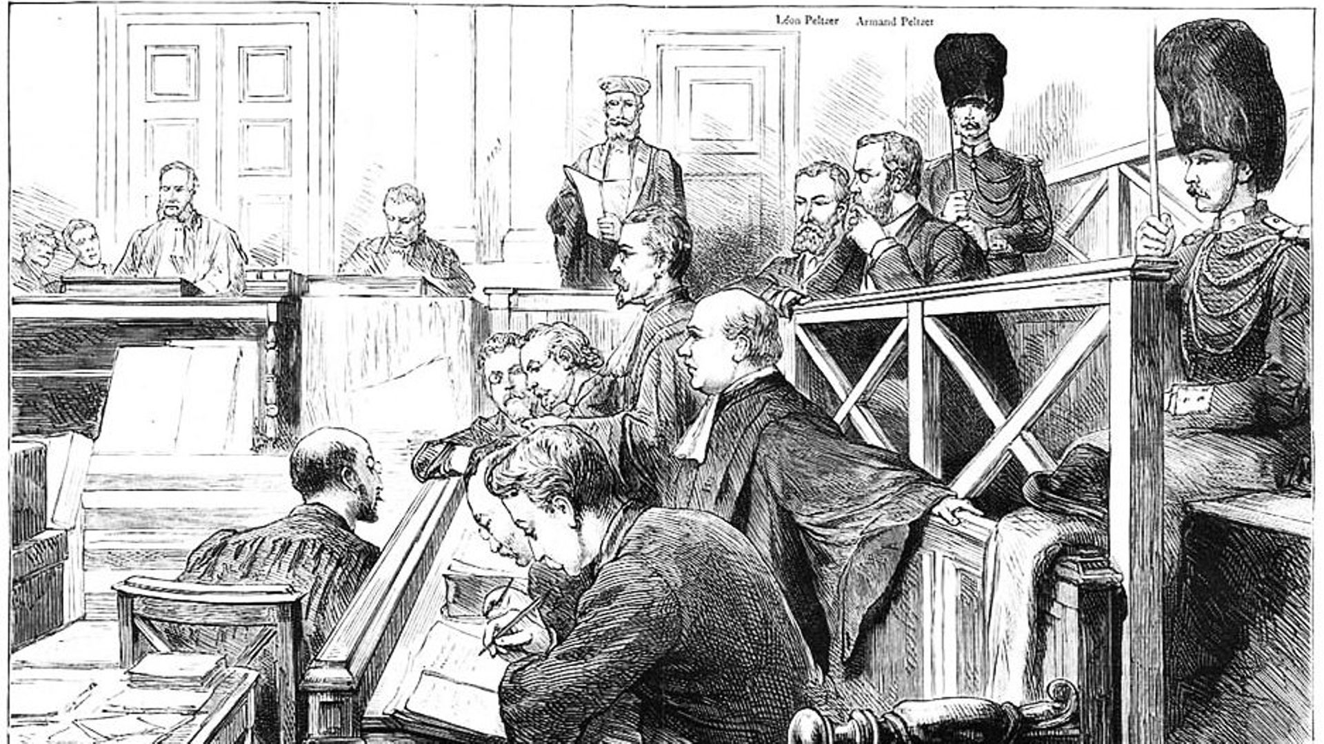 Le procès Peltzer dessiné dans le journal britannique "The Graphic"