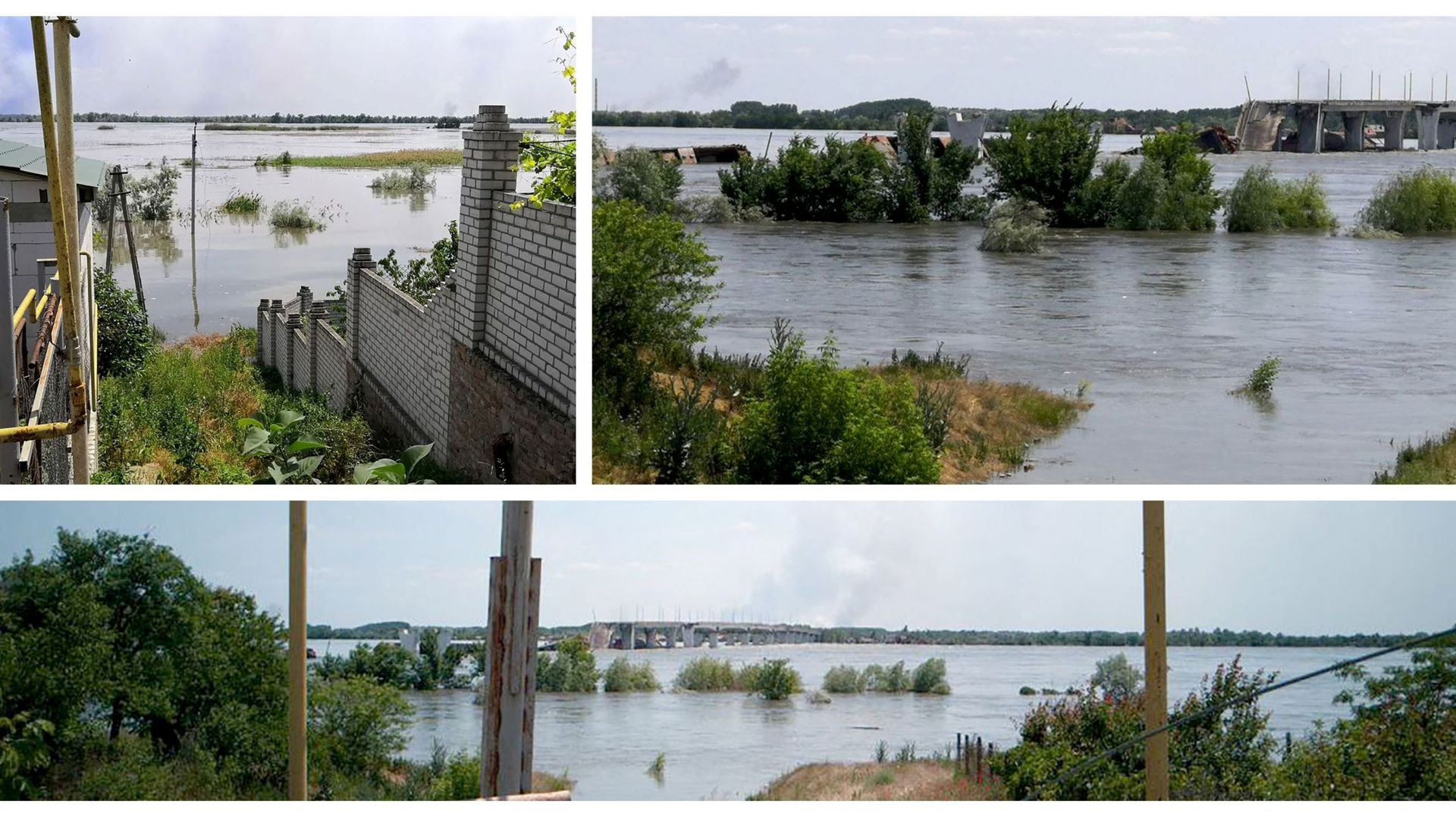 Vues générales de zones partiellement inondées de Kherson le 6 juin 2023, suite aux dommages subis par le barrage hydroélectrique de Kakhovka.