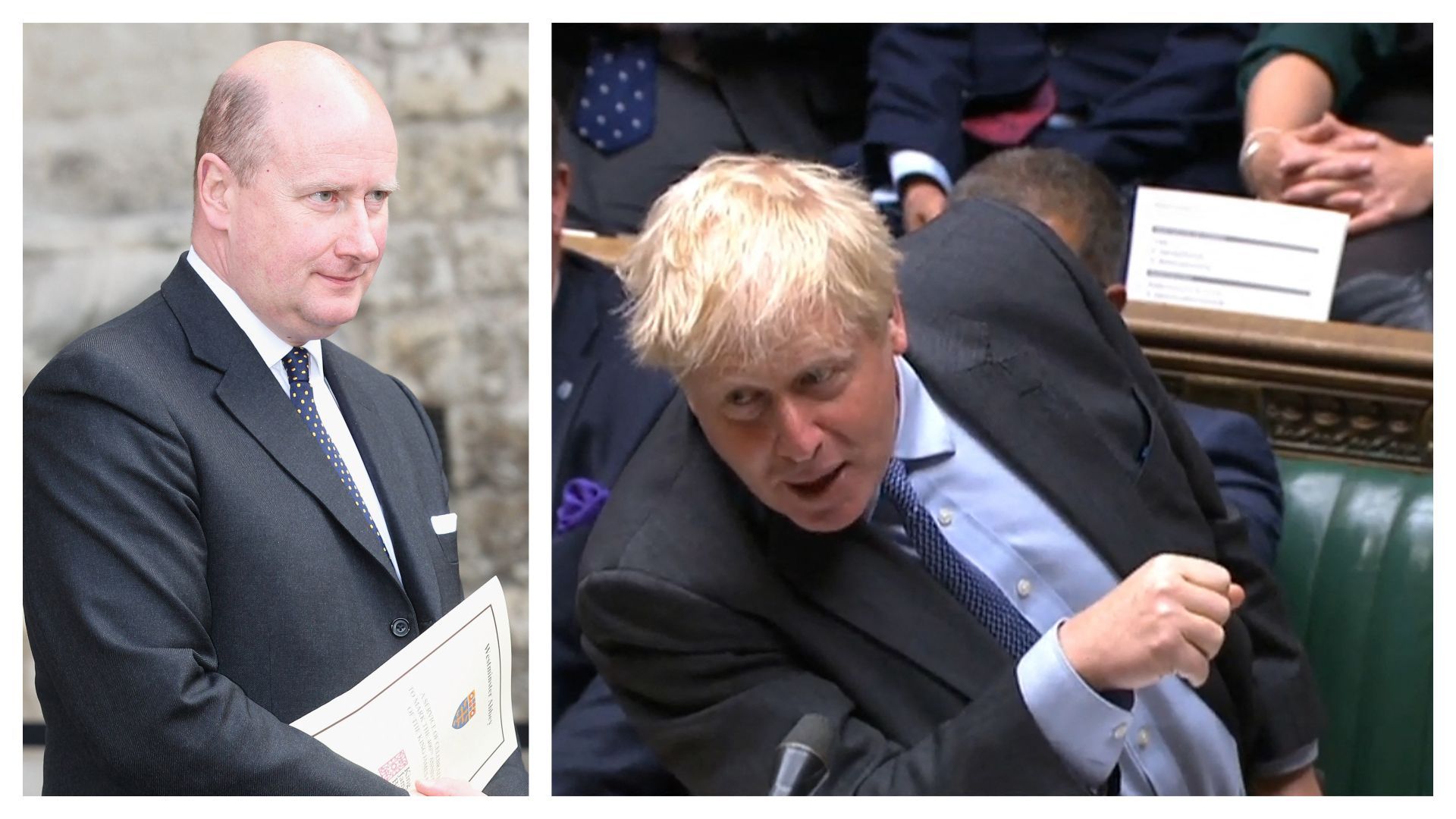 Christopher Geidt, en 2011, et Boris Johnson, ce 15 juin 2022 au Parlement britannique