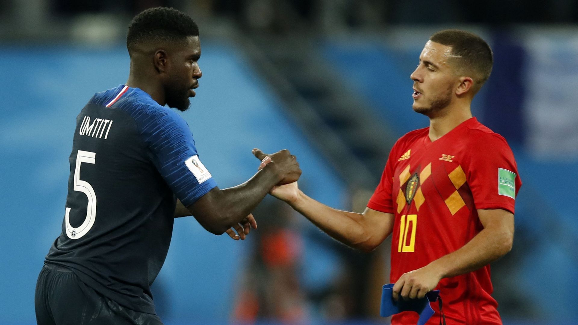 Samuel Umtiti et Eden Hazard après Belgique - France en 2018