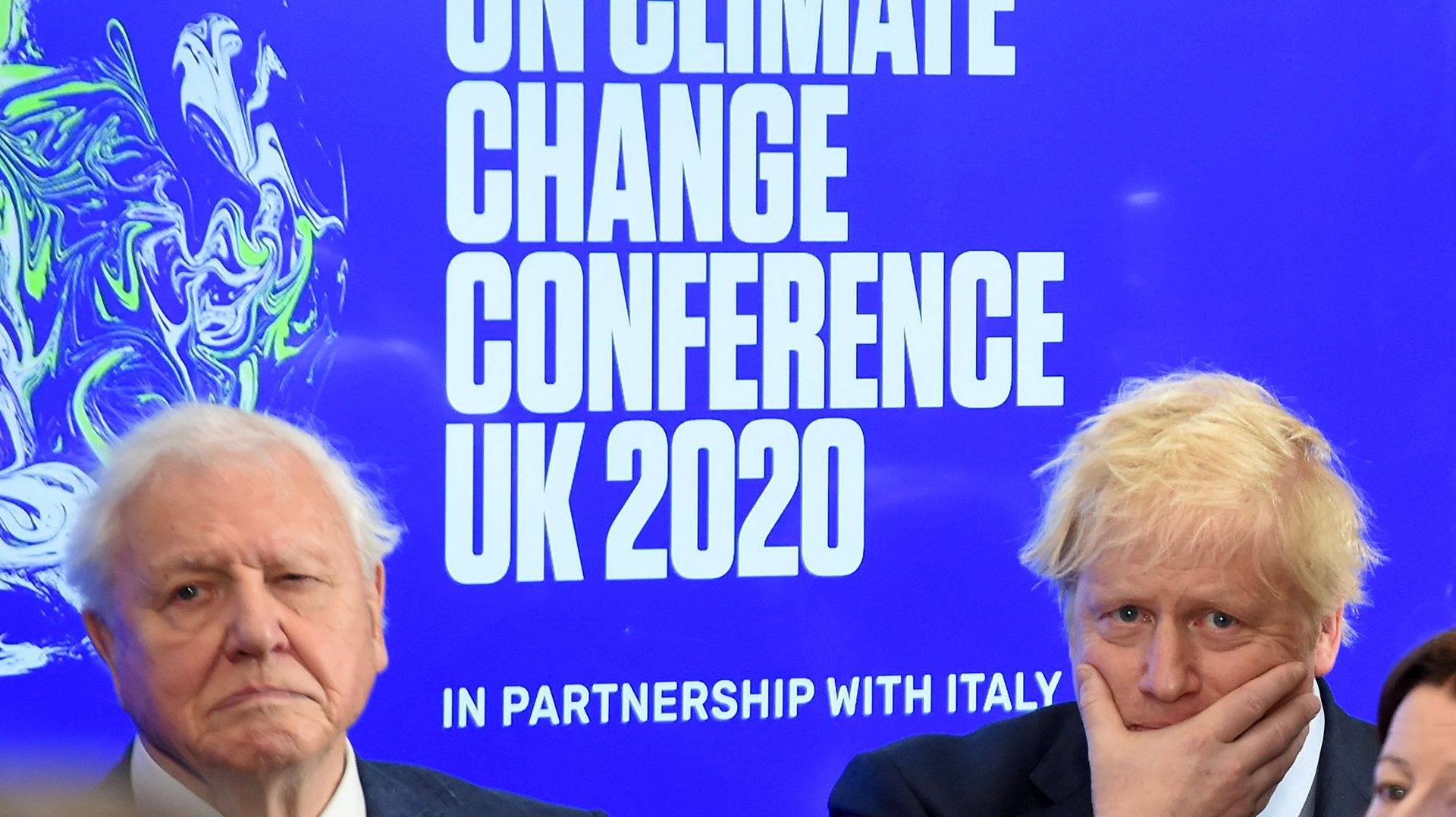 David Attenborough et le premier ministre Boris Johnson au lancement de la COP26 de Glasgow, à Londres le 04 février 2020