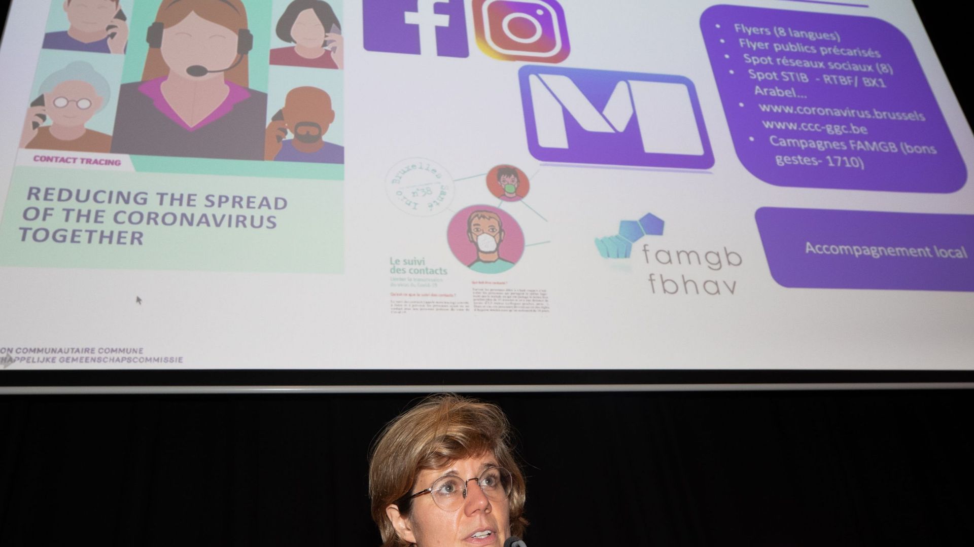 Inge Neven, la responsable des services de tracing et de vaccination pour la Région bruxelloise, lors d’une conférence de presse en août 2020
