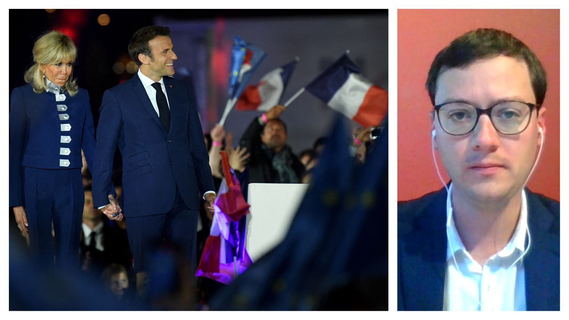 Emmanuel et Brigitte Macron le 24 avril 2022 et Benjamin Biard, du CRISP