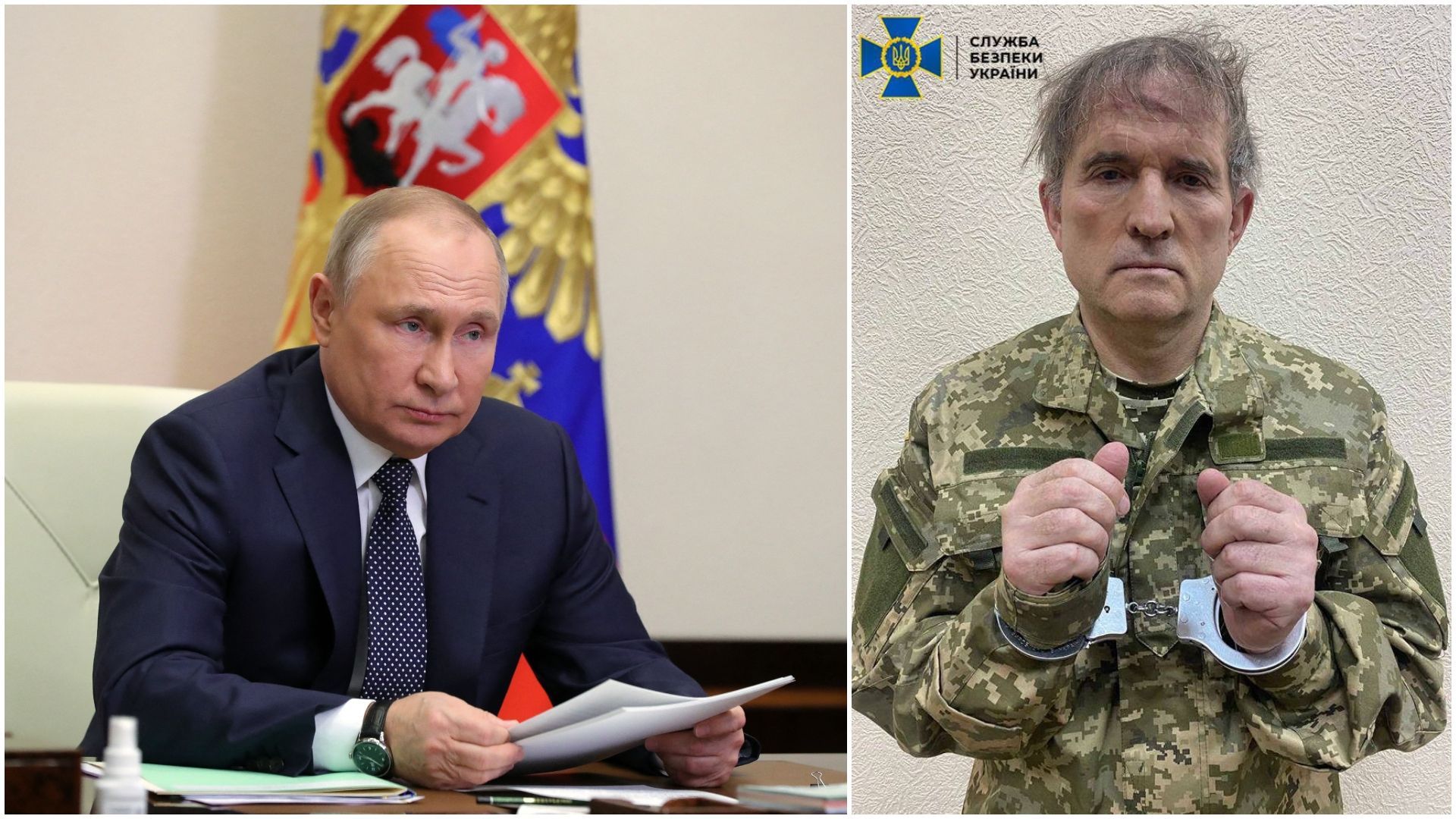 Le président russe Vladimir Poutine (à gauche) et Viktor Medvedchuk (à droite) arrêté récemment en Ukraine. 
