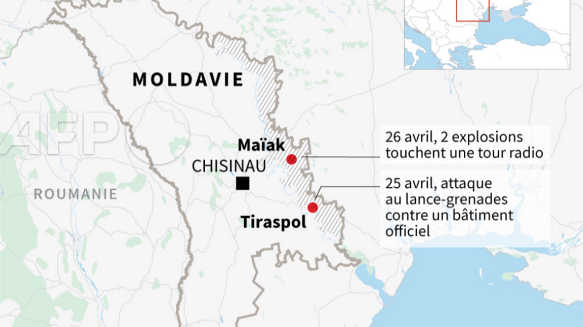Tensions en Moldavie : un dépôt de munitions russes ciblé par des tirs, selon les séparatistes pro russes de Transdniestrie.