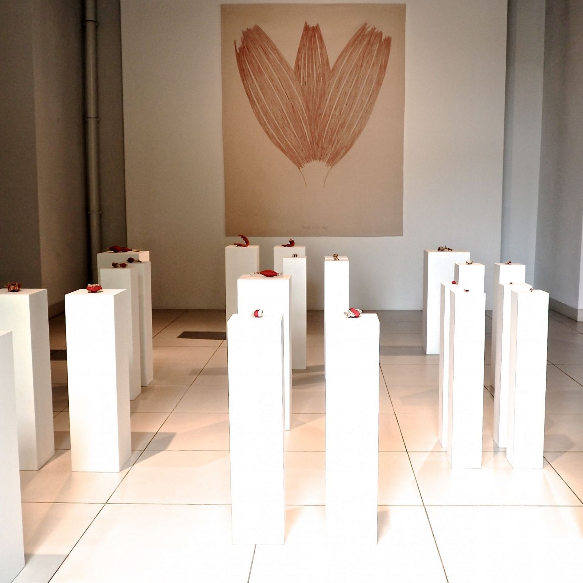 Vanité aux fleurs, Laurence Dervaux  2011  Installation Ensemble d’ossements humains, bobines de fil rouge
