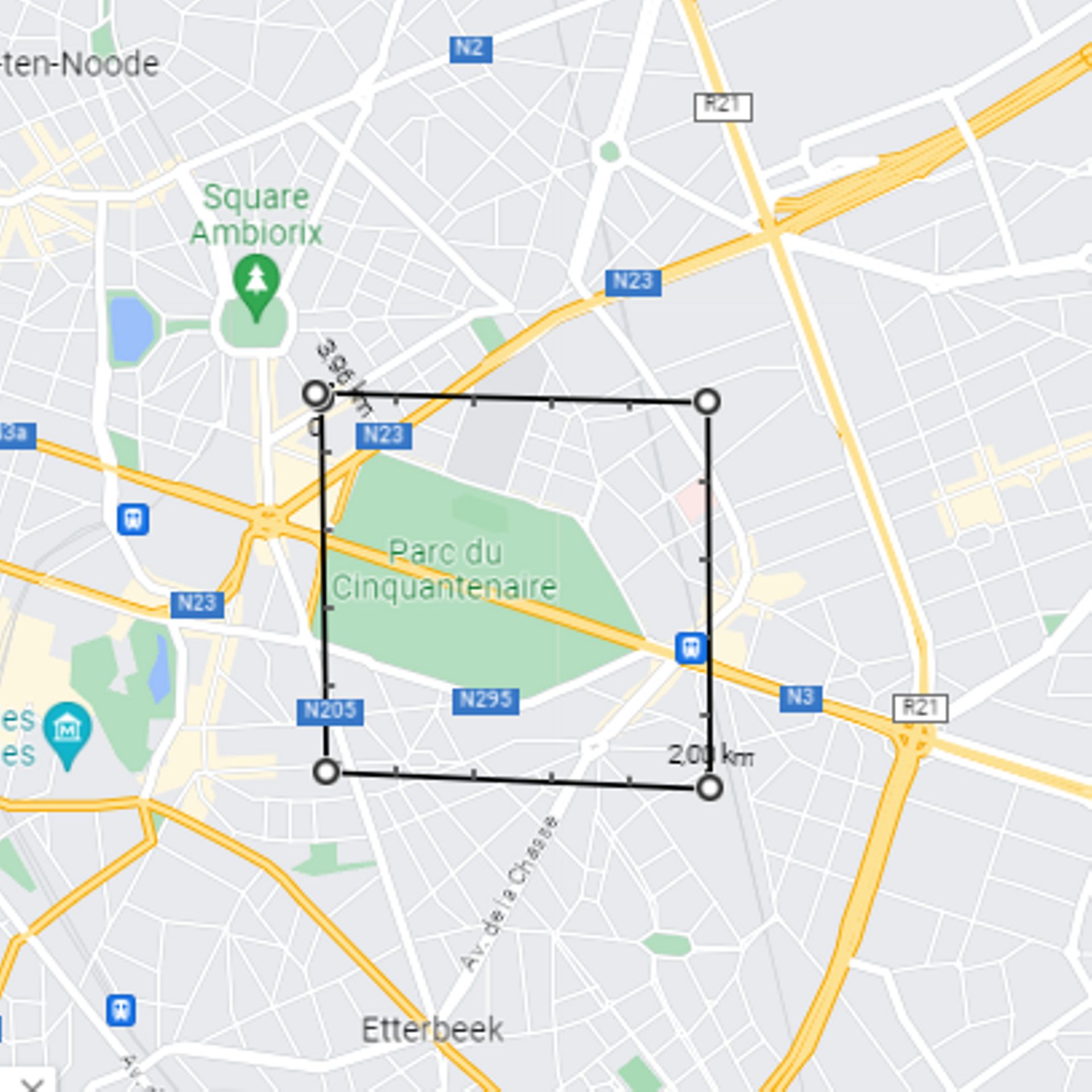 Estimation d’une distance d’environ 1 km x 1 km à Bruxelles.