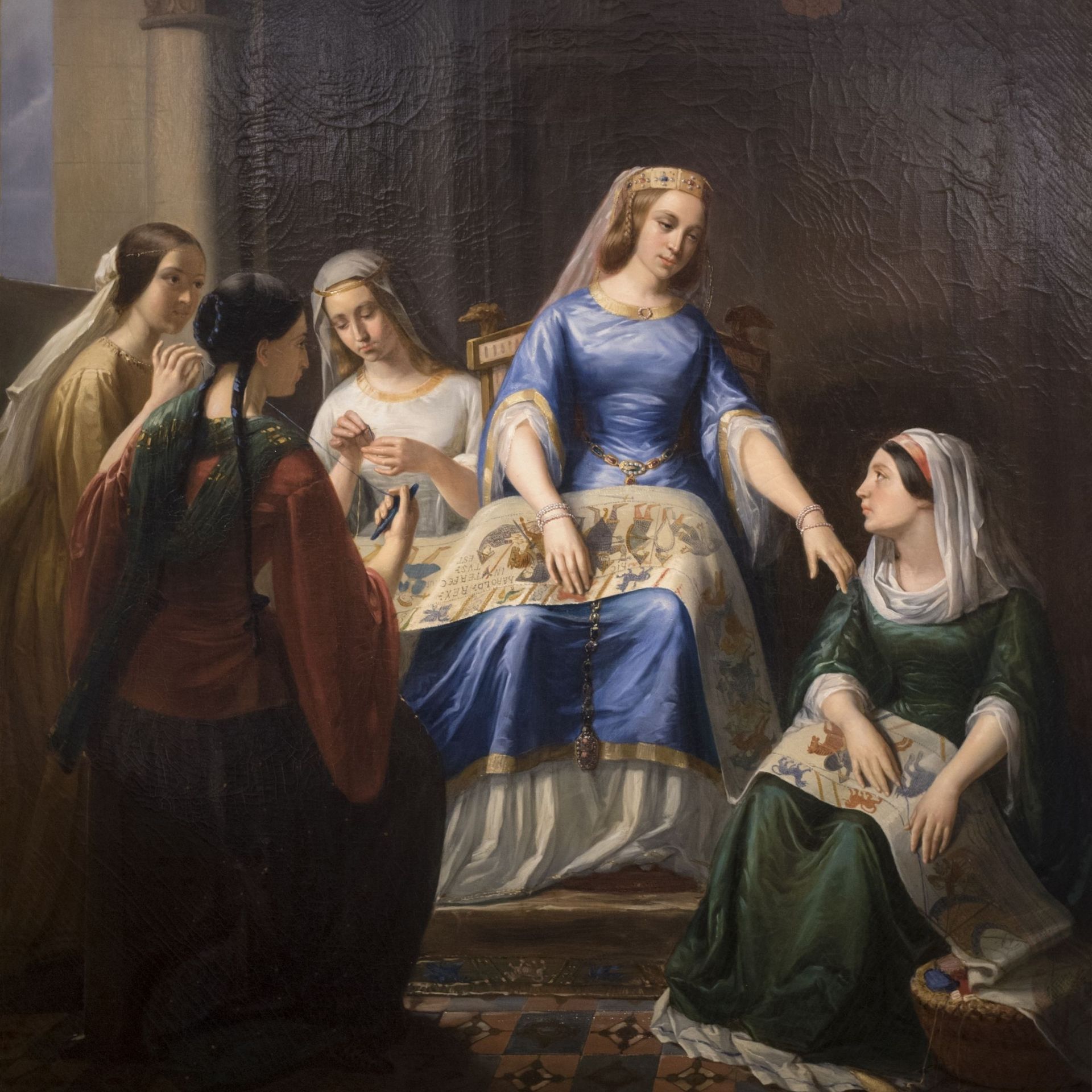 "La Reine Mathilde travaillant à la Telle du Conquest" peint par 
Alfred Guillard (1848)