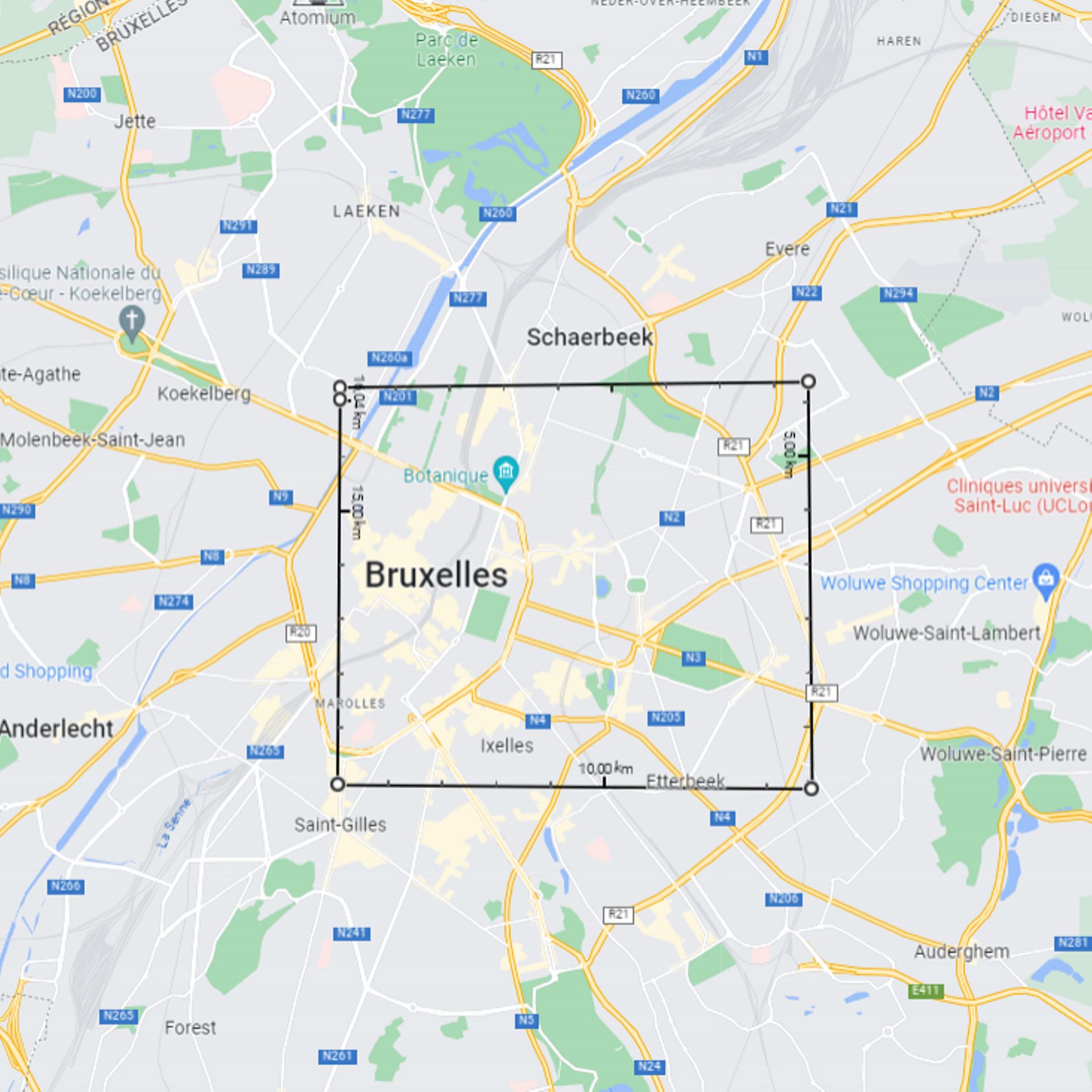 Estimation d’une distance d’environ 4 km x 4 km à Bruxelles.