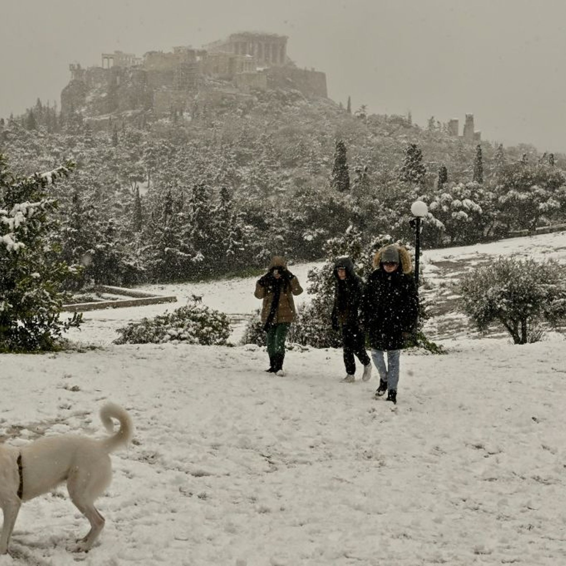 Vue de l'Acropole d'Athènes sous la neige, lundi 24 janvier 2022
