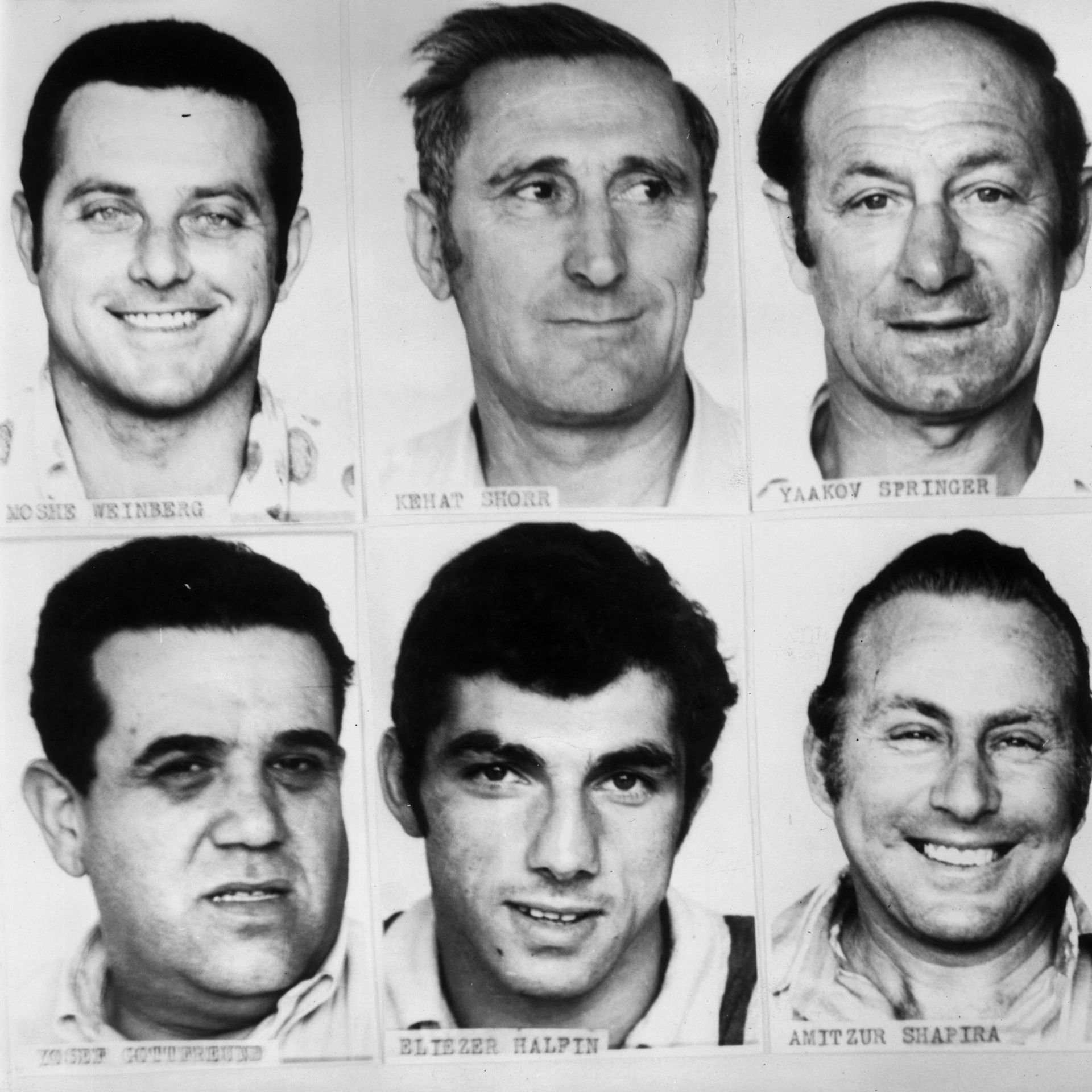 Photos de six des membres de l'équipe olympique israélienne qui ont été tués lors de l'attaque terroriste palestinienne aux Jeux d'été de Munich, en Allemagne, en 1972. De gauche à droite : (en haut) l'entraîneur Moshe Weinberg et les officiels Kehat Schu