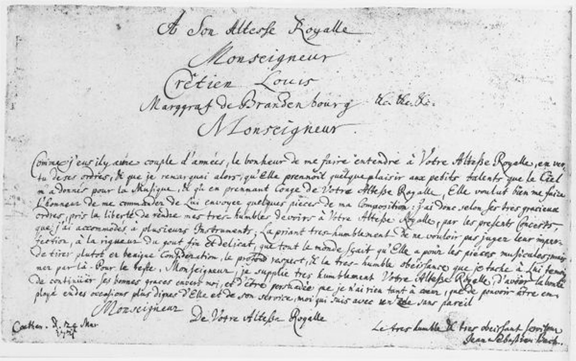 Dédicace de Bach dans le manuscrit des Concertos Brandebourgeois