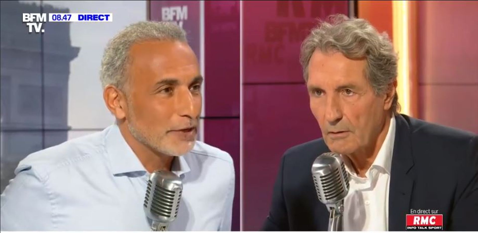 Tariq Ramadan sur le plateau de Jean-Jacques Bourdin (BFM-TV et RMC), le 6 septembre 2019.