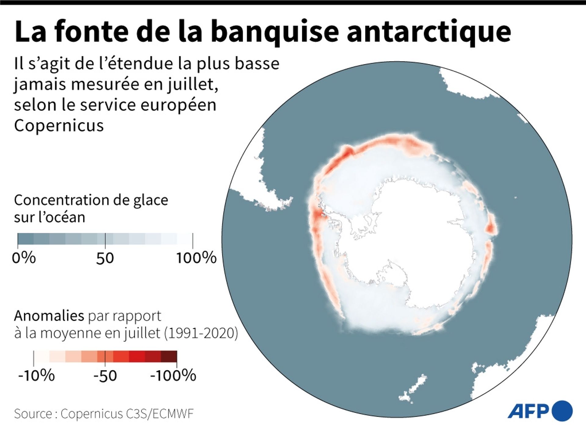 Etendue de la banquise antarctique mesurée en juillet 2022, et anomalies par rapport à la moyenne en juillet (1991-2020)