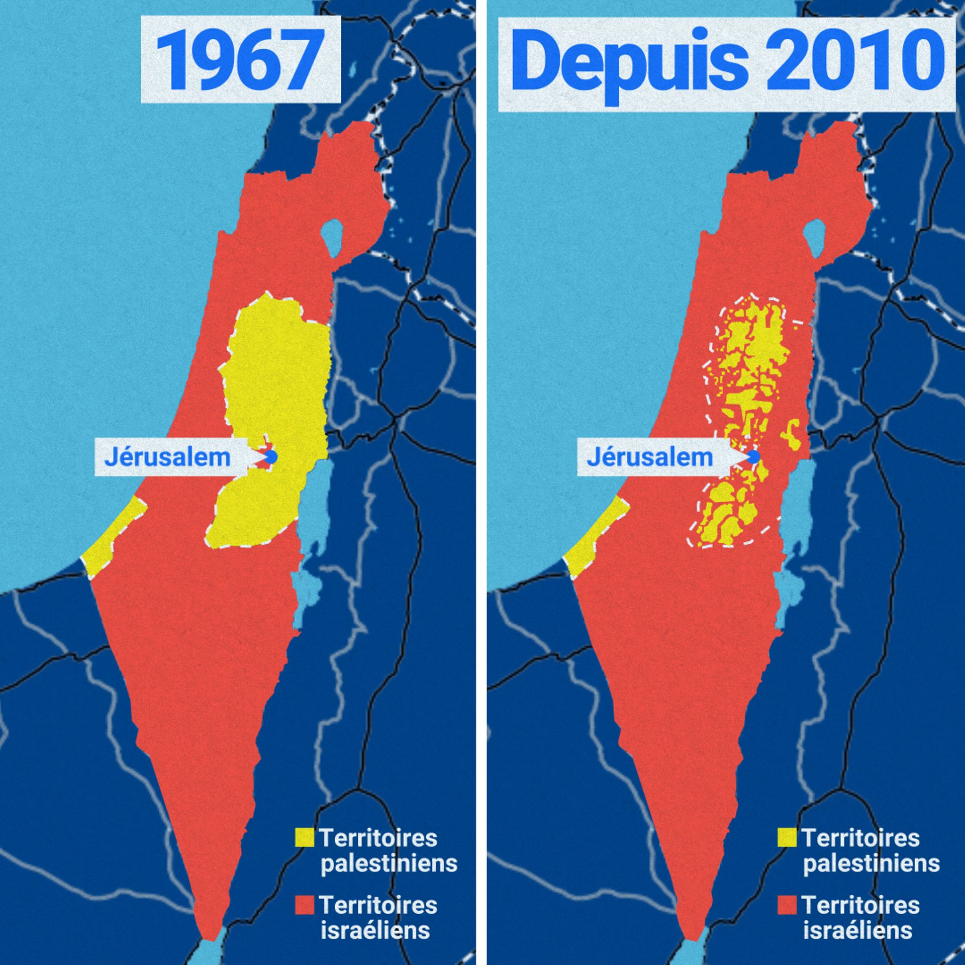 La Cisjordanie est aujourd'hui complètement morcelée. Les zones d'habitations palestiniennes (en jaune) s'entremêlent avec les colonies israéliennes (en rouge). 