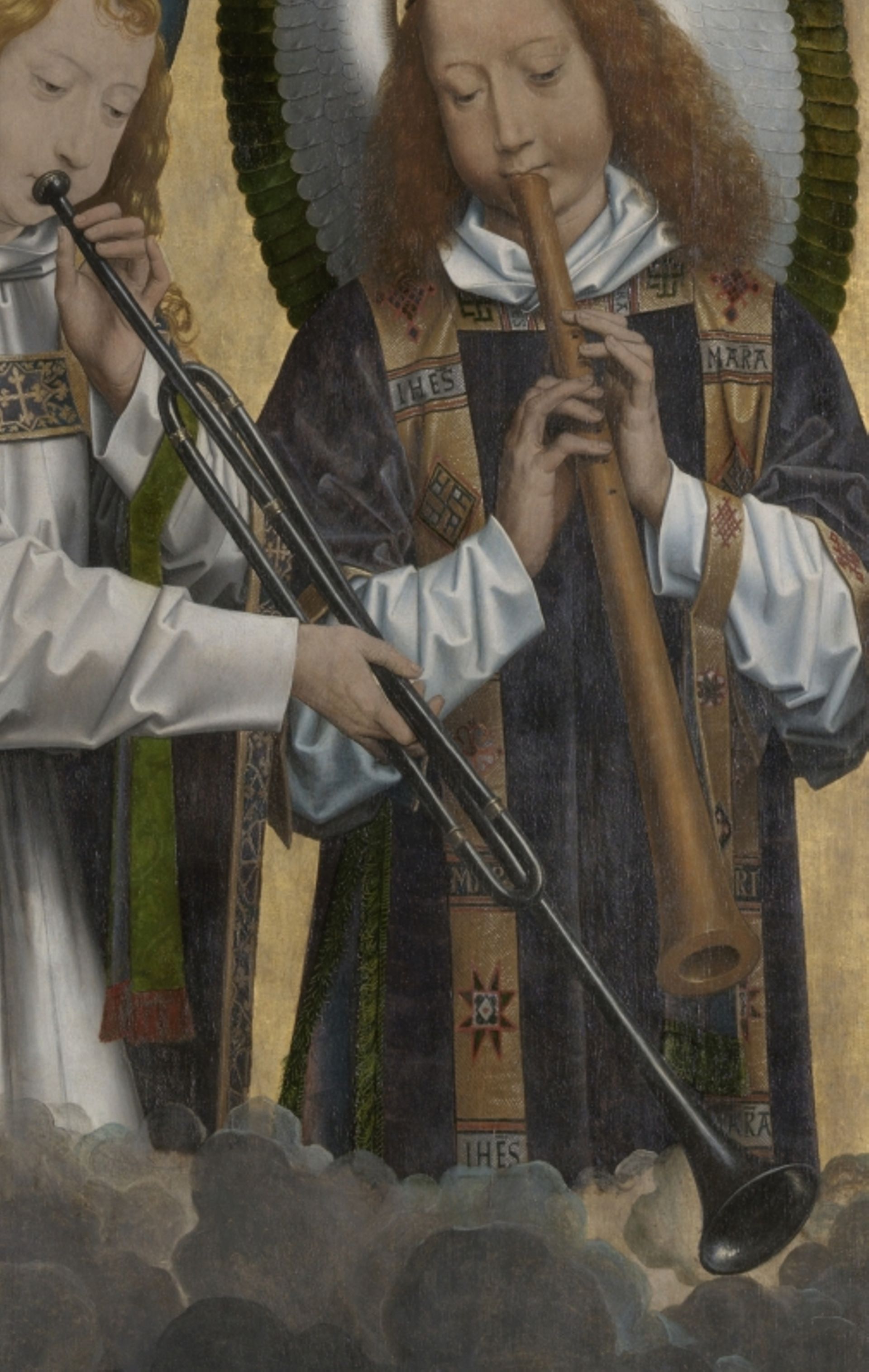Détail des instruments à vent du triptyque Dieu le Père entouré d’anges chanteurs et musiciens d’Hans Memling, Musée des Beaux-Arts d’Anvers