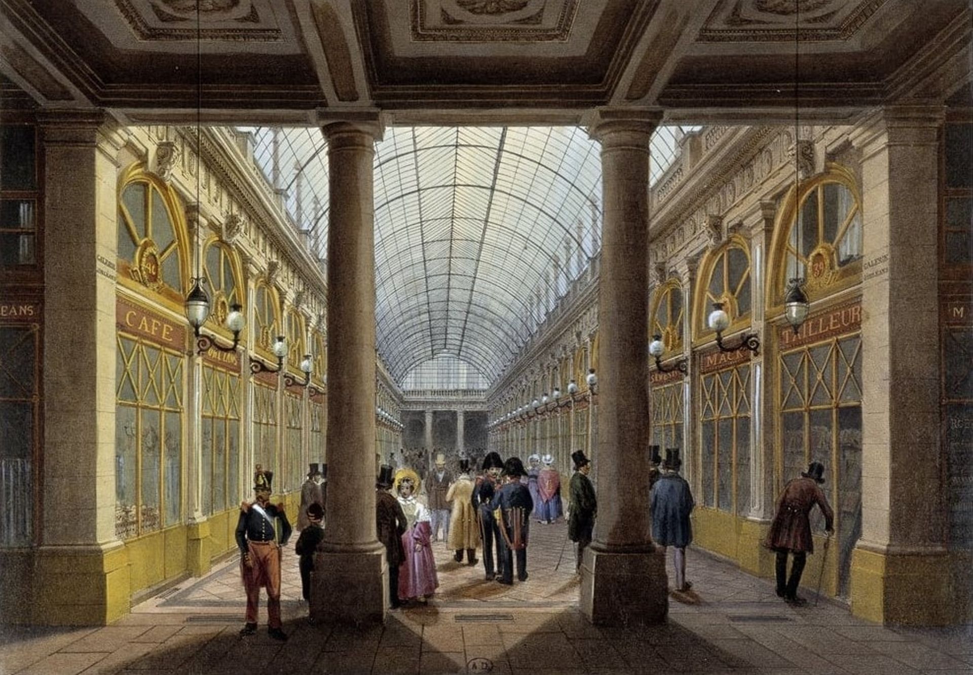 La Galerie d’Orléans, Palais-Royal de Paris, vers 1840 ; lithographie extraite de " Promenade dans Paris", par Philippe Benoist et Louis-Julien Jacottet.