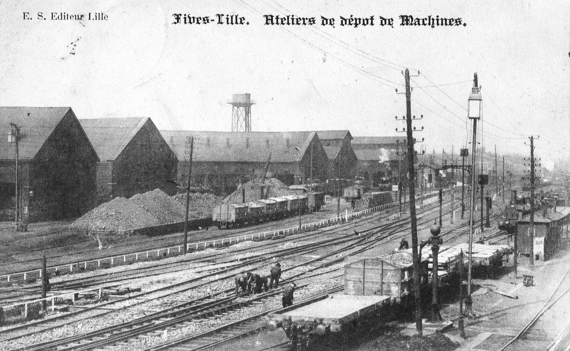 Les ateliers de dépôts de machines de la gare de Lille-Fives vers 1900.