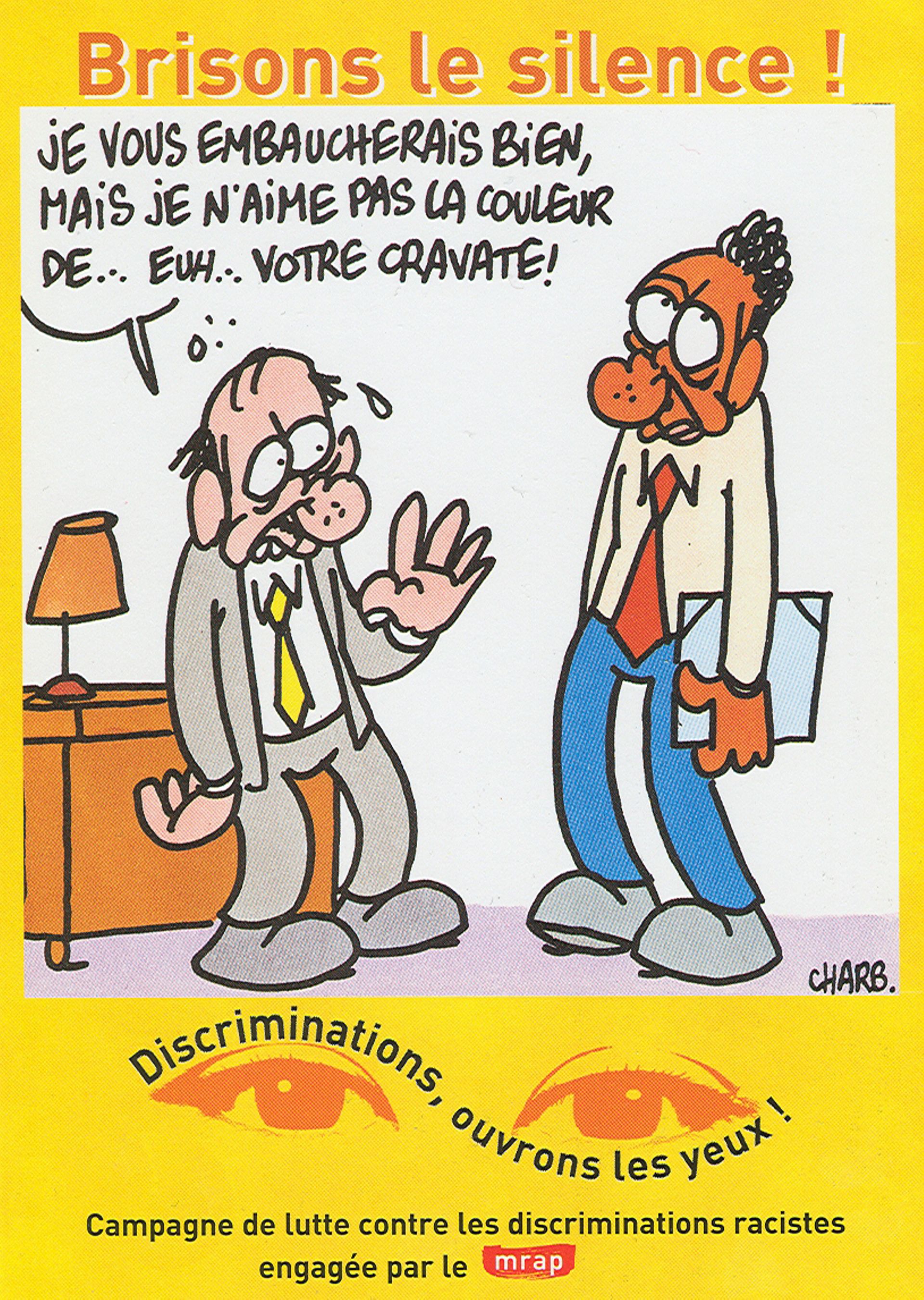 Une carte postale réalisée en 2000 par Charb pour le Mouvement contre le racisme et pour l'amitié entre les peuples (mrap).