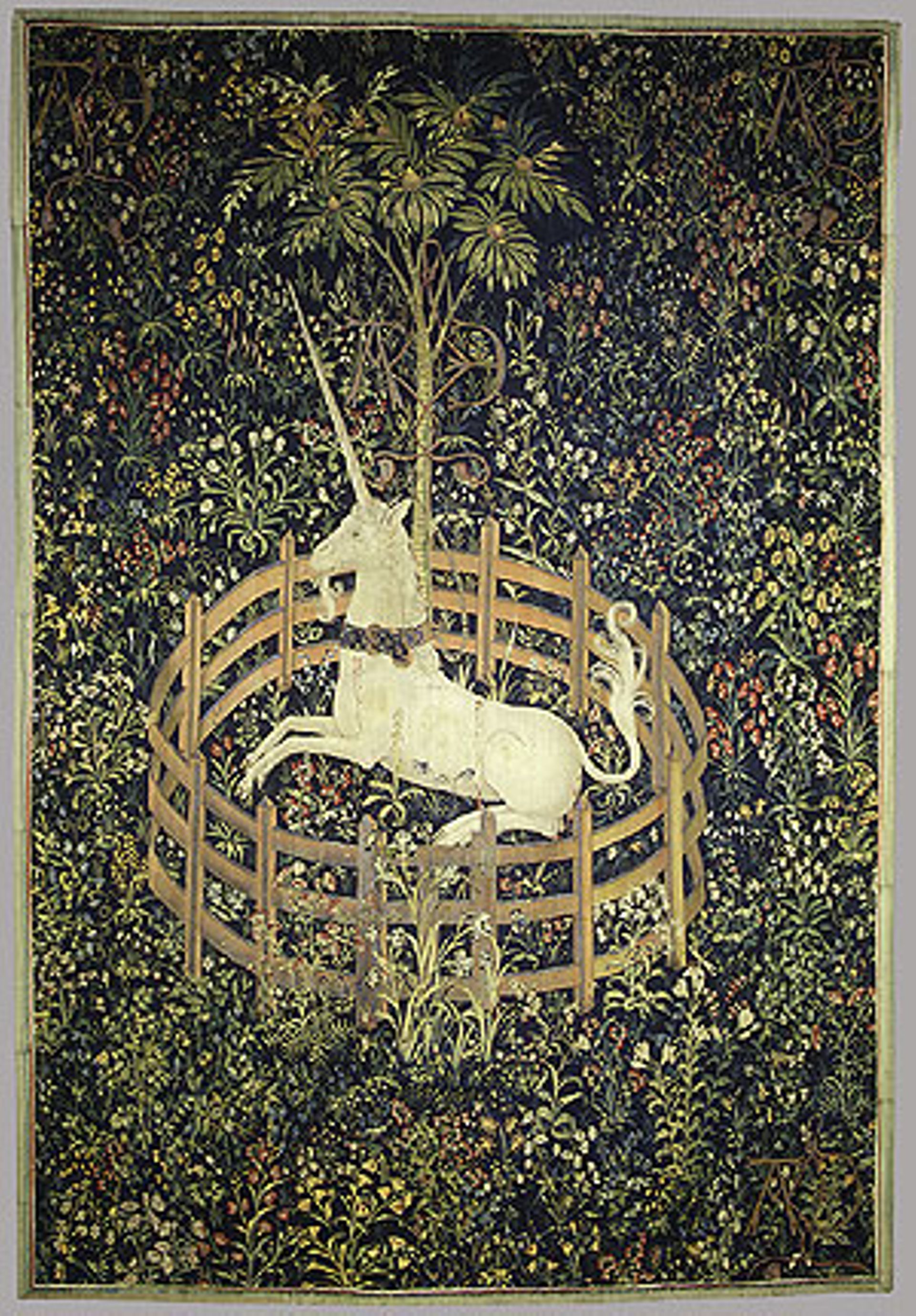 « Licorne en captivité », panneau de tapisserie de la série La chasse à la licorne de style mille-fleur.