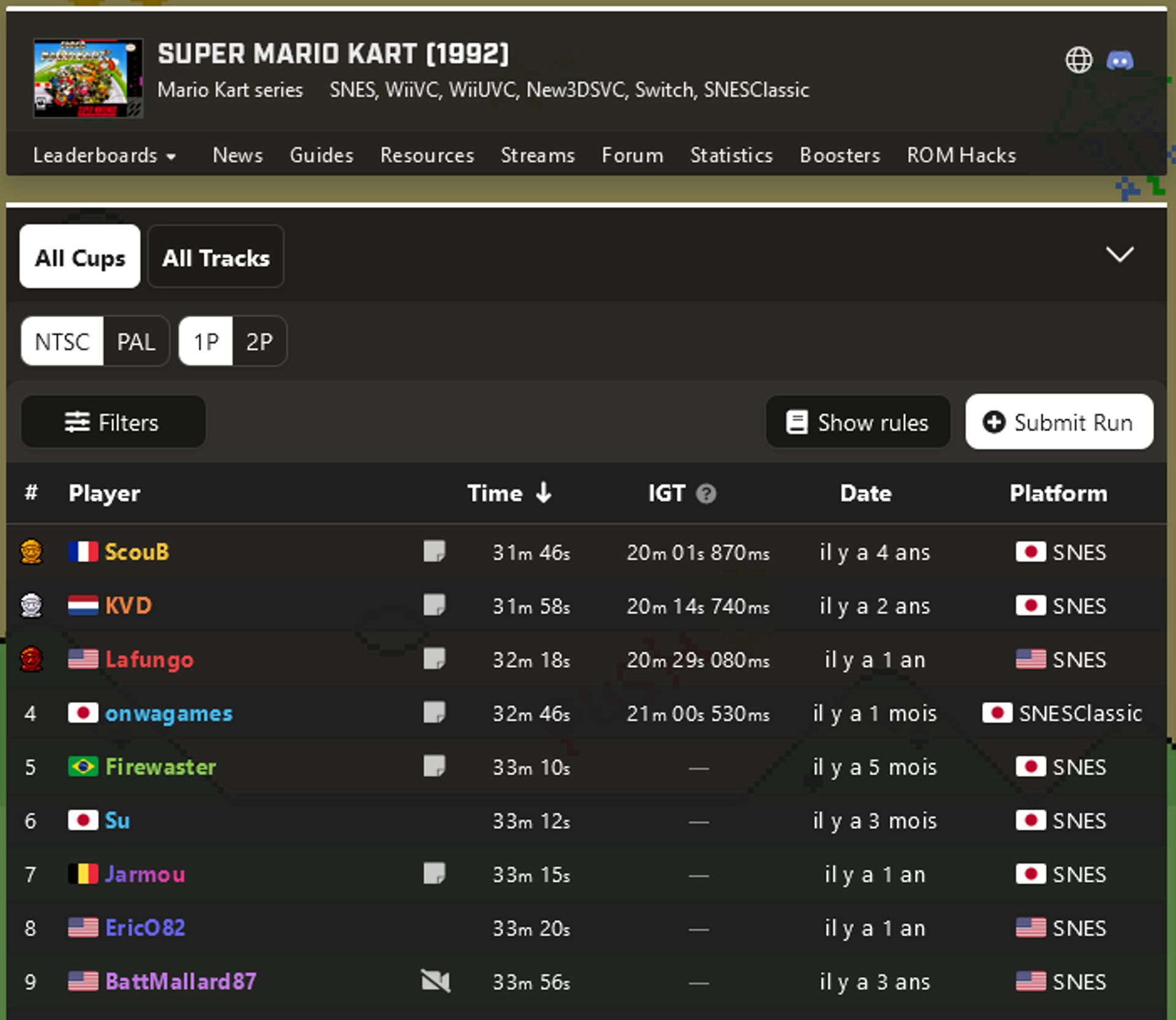 Jarm0u est à la 7e place mondiale sur Super Mario Kart et est répertoriée sur le site officiel Speedrun.com ! |