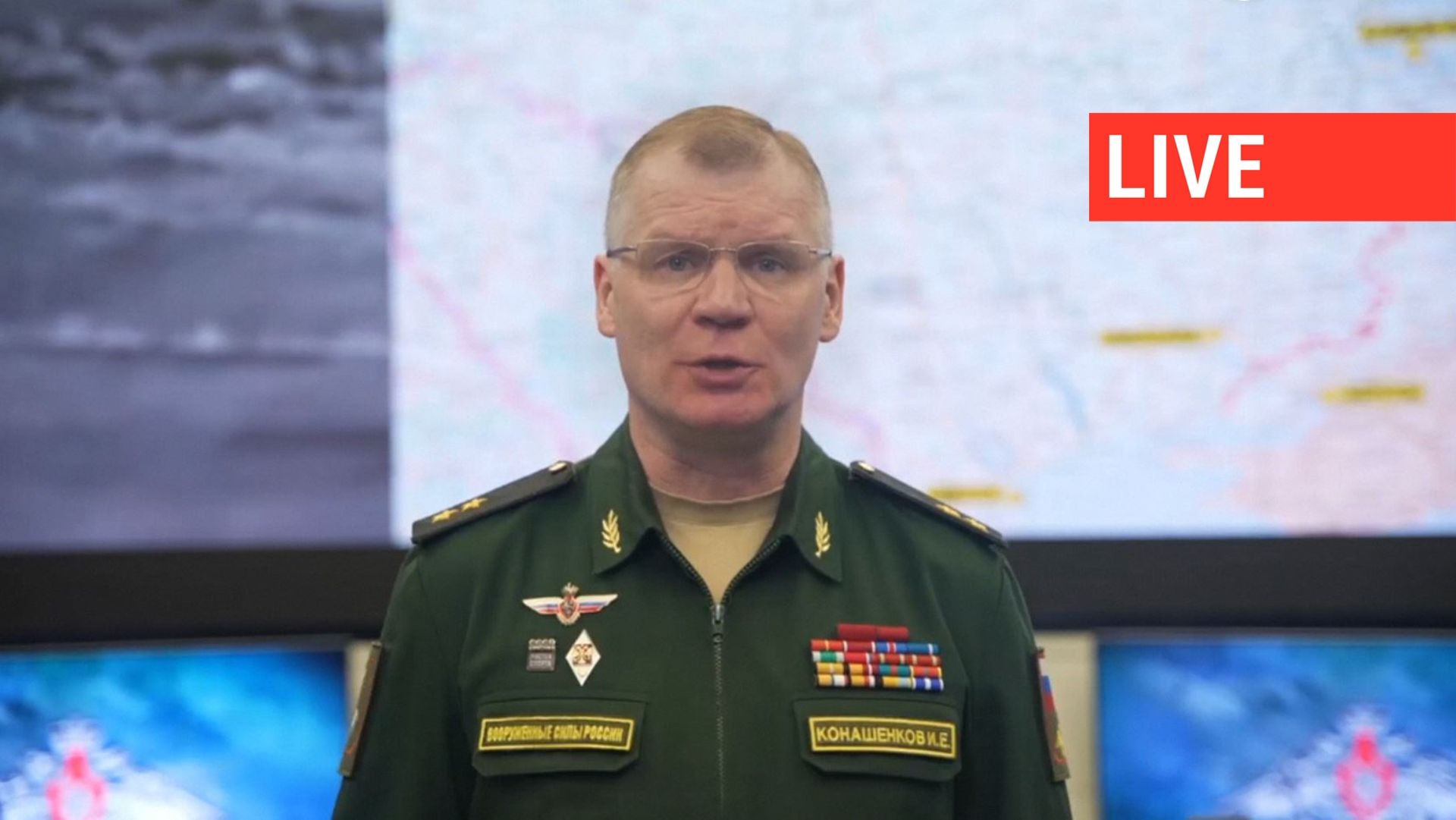 Igor Konachenkov, principal porte-parole du ministère de la Défense de la Fédération de Russie, lors de sa déclaration concernant une frappe ayant tué 600 militaires ukrainiens en une fois à Kramatorsk. 
