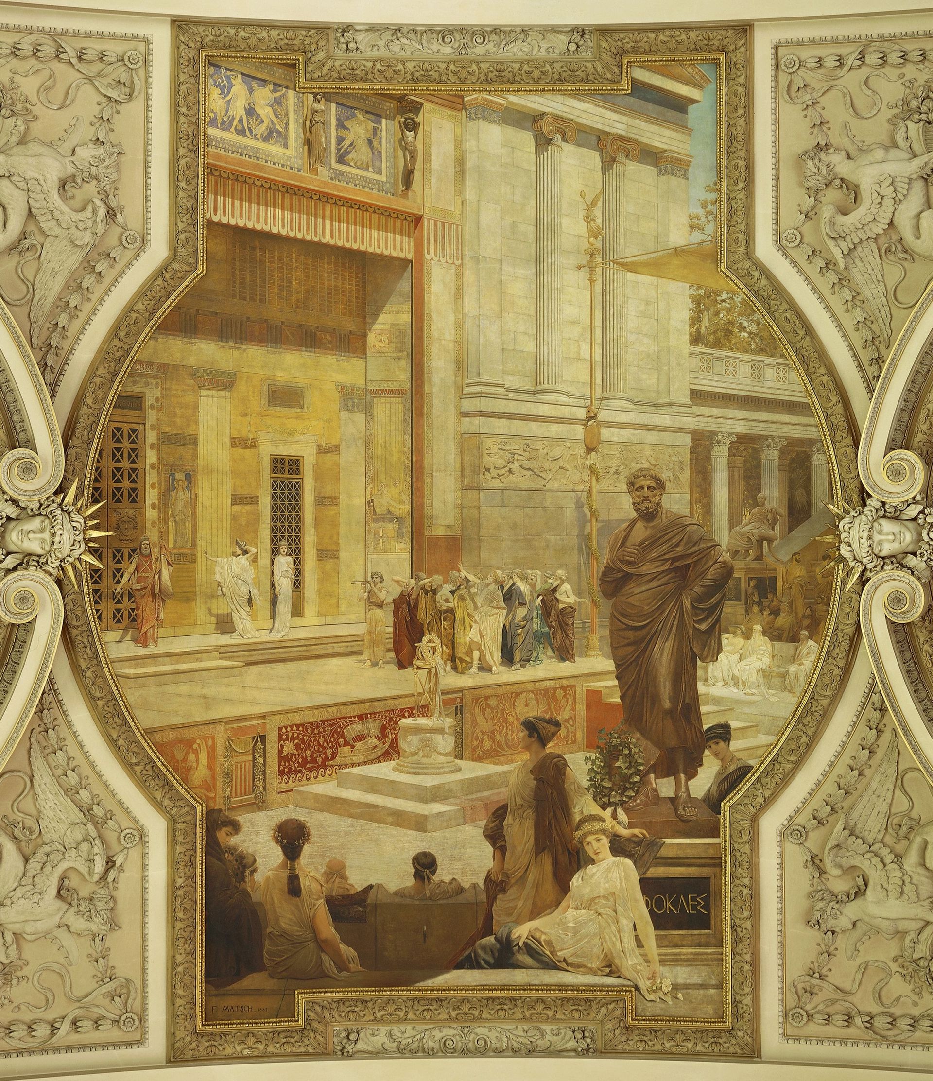 Ancien Théâtre grec de Taormina, peint par Gustav Klimt, dans le Grand Escalier du Burgtheater de Vienne.