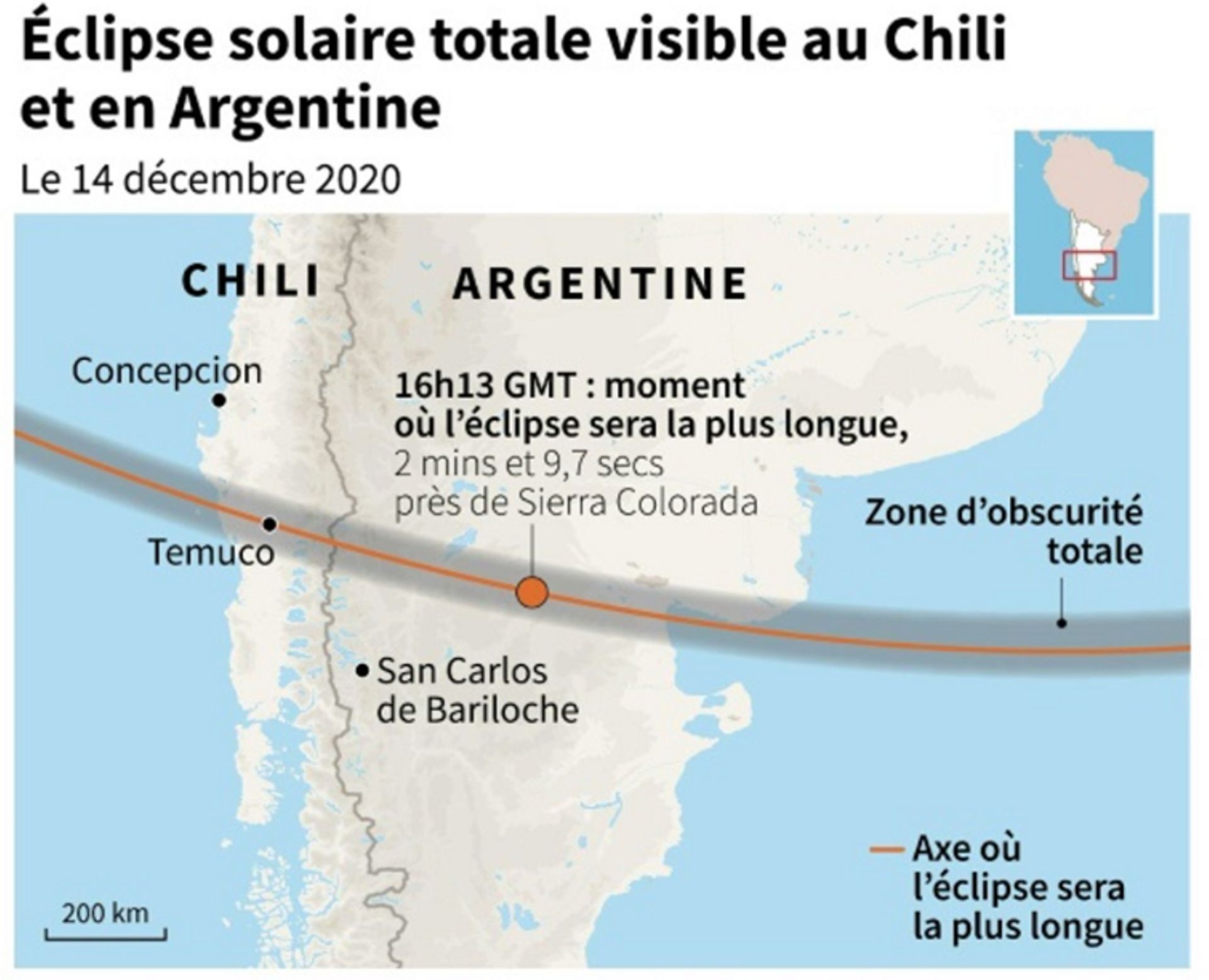 Carte de l'éclipse totale du soleil au Chili et en Argentine