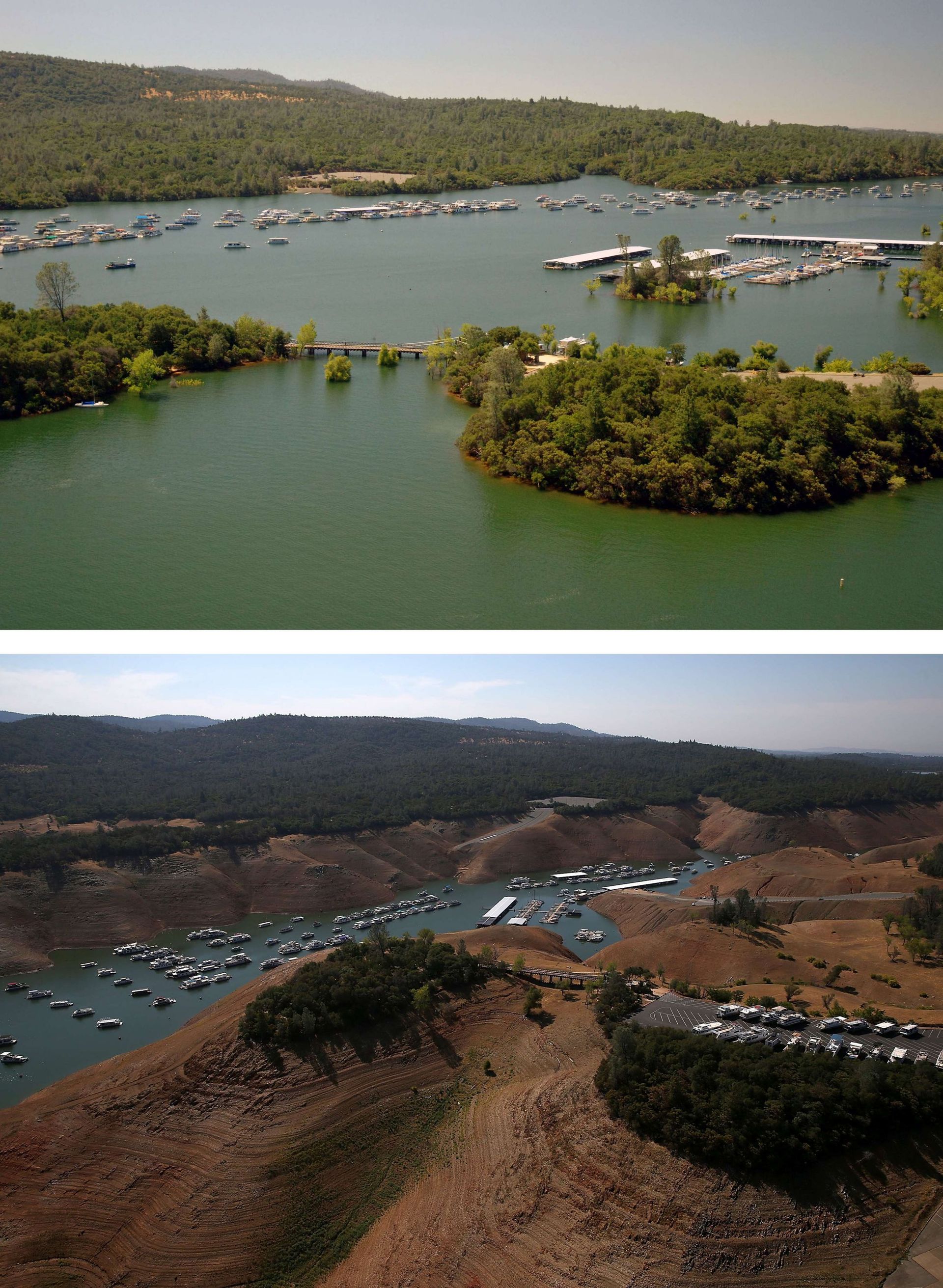 La Marina Bidwell du Lac d'Oroville le 20 juillet 2011 et le 19 août 2014.