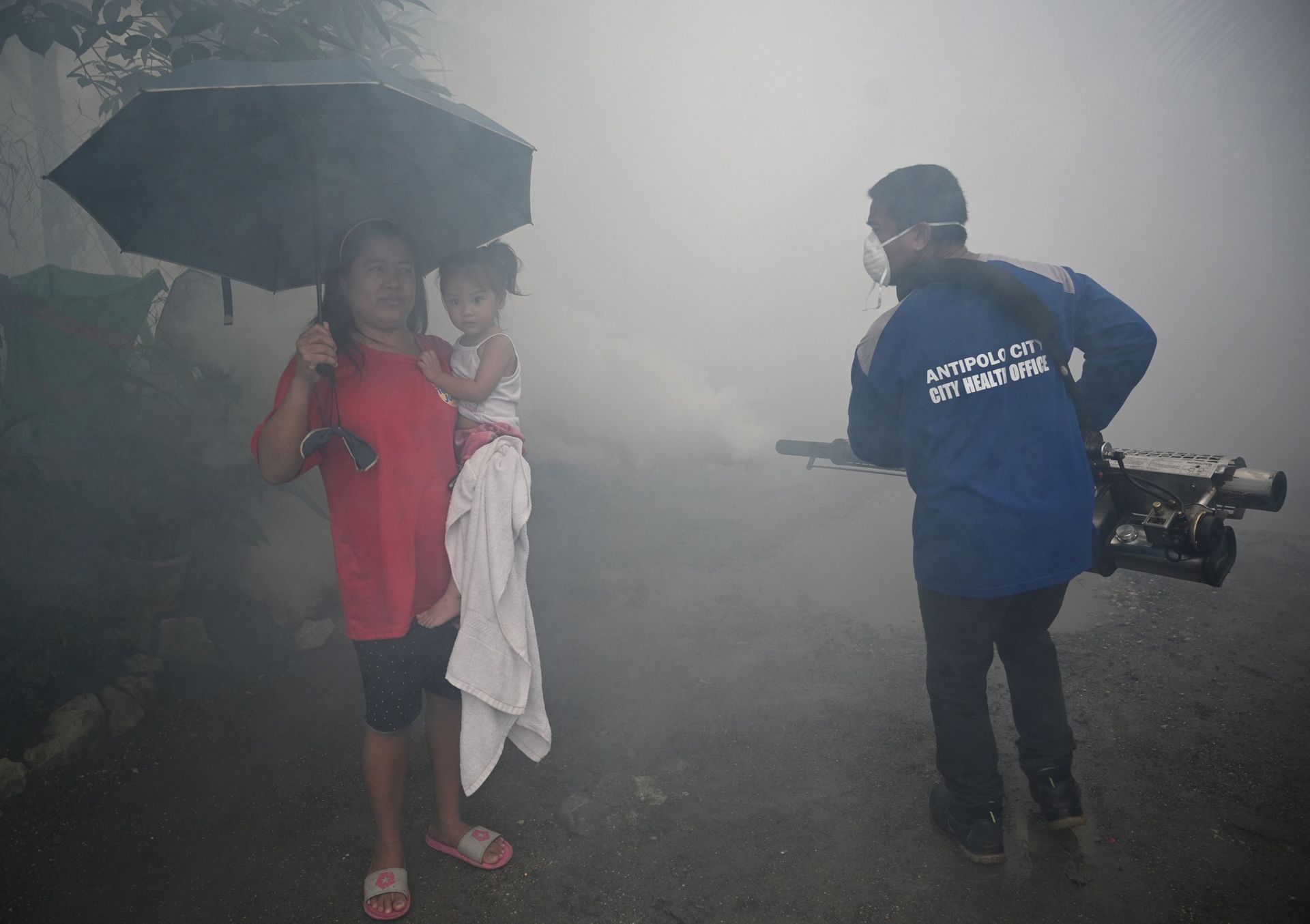 Une petite fille et sa grand-mère assistent à une opération de destruction de larves de moustiques pour réduire la propagation de la dengue dans un village à l'est de Manille. 