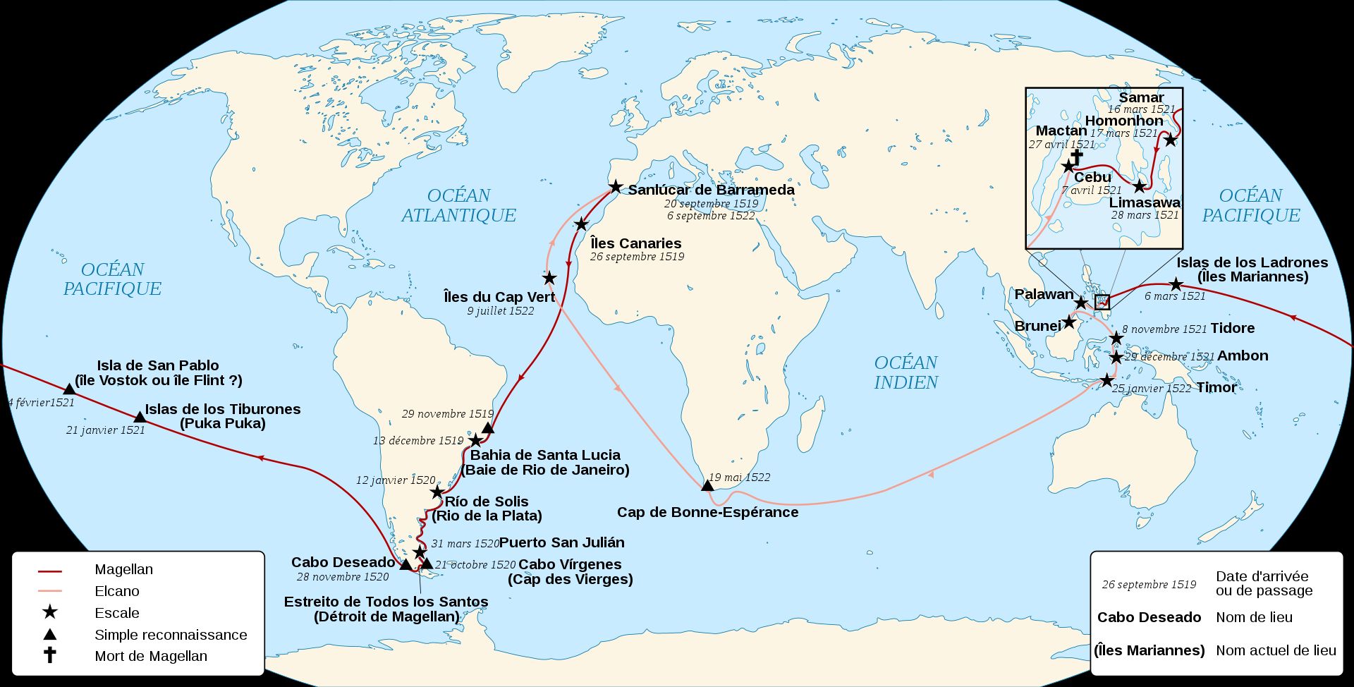 Cartographie de la circumnavigation de Fernand de Magellan et de Juan Sebastián Elcano.