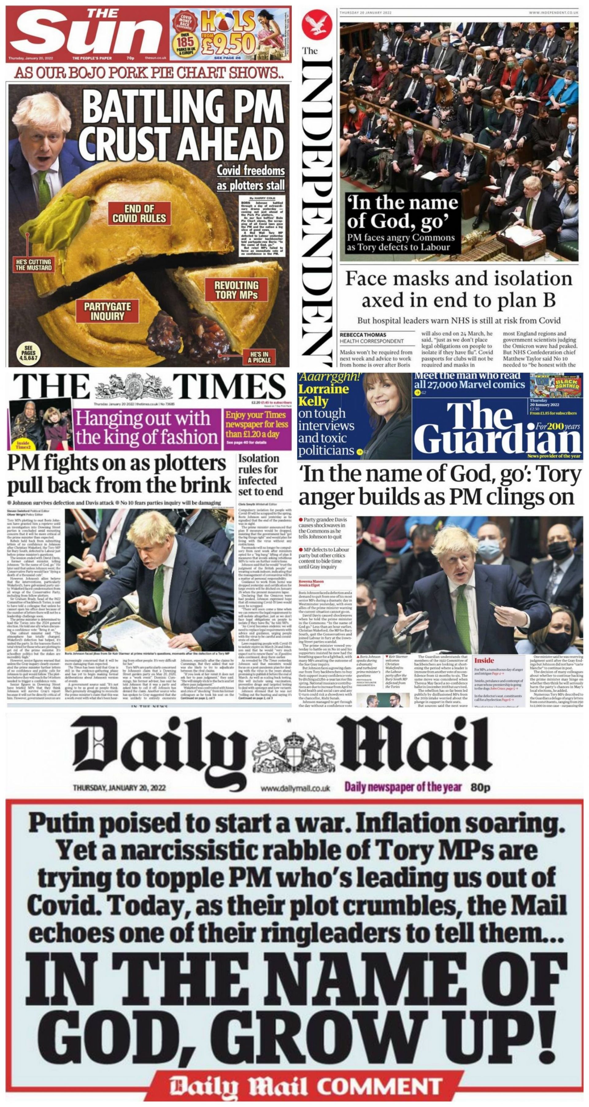 Les unes de quelques journaux britanniques le 19 janvier 2021, au lendemain d’une séance agitée au parlement.