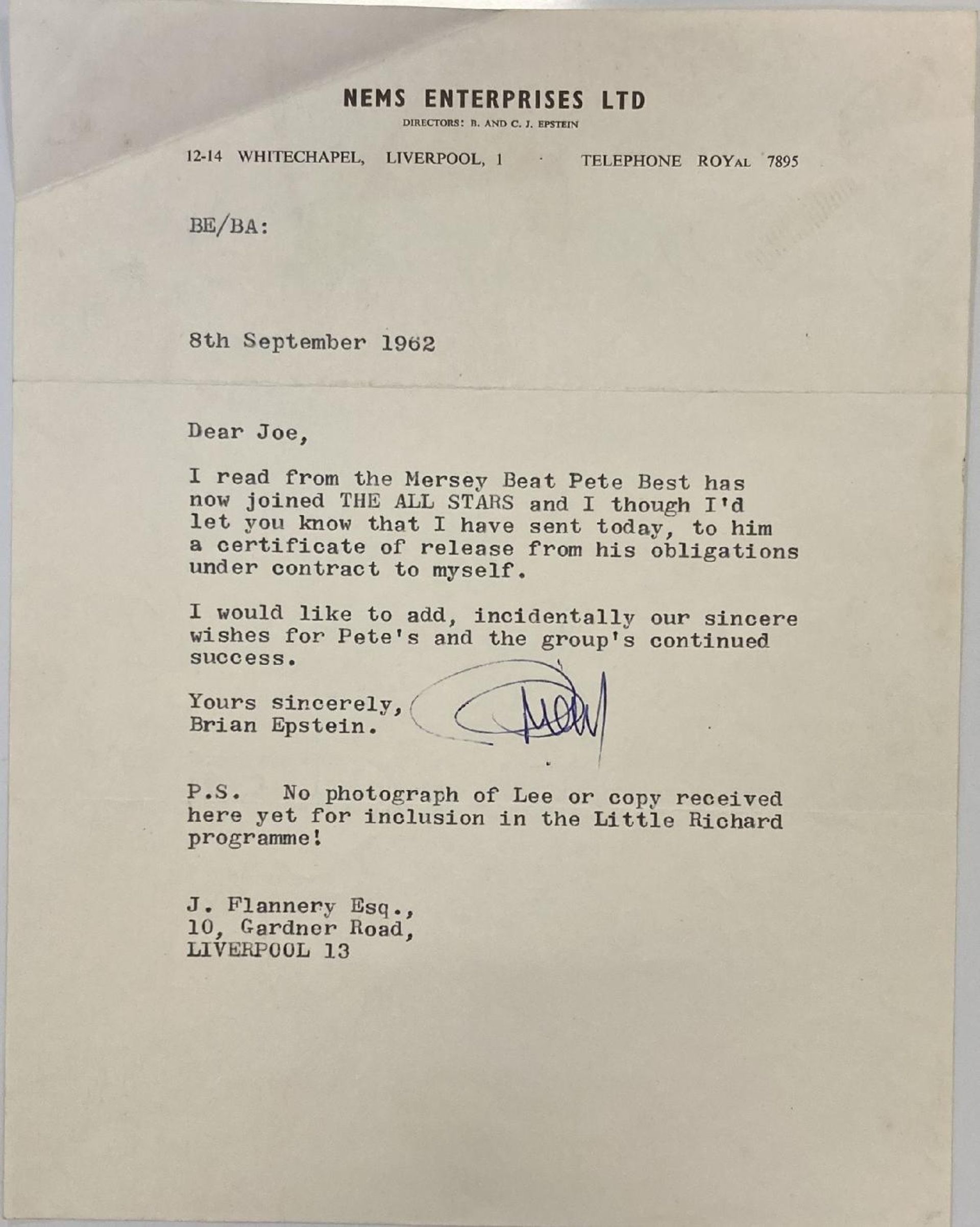 Les Beatles : une lettre confirmant le départ de Pete Best aux enchères
