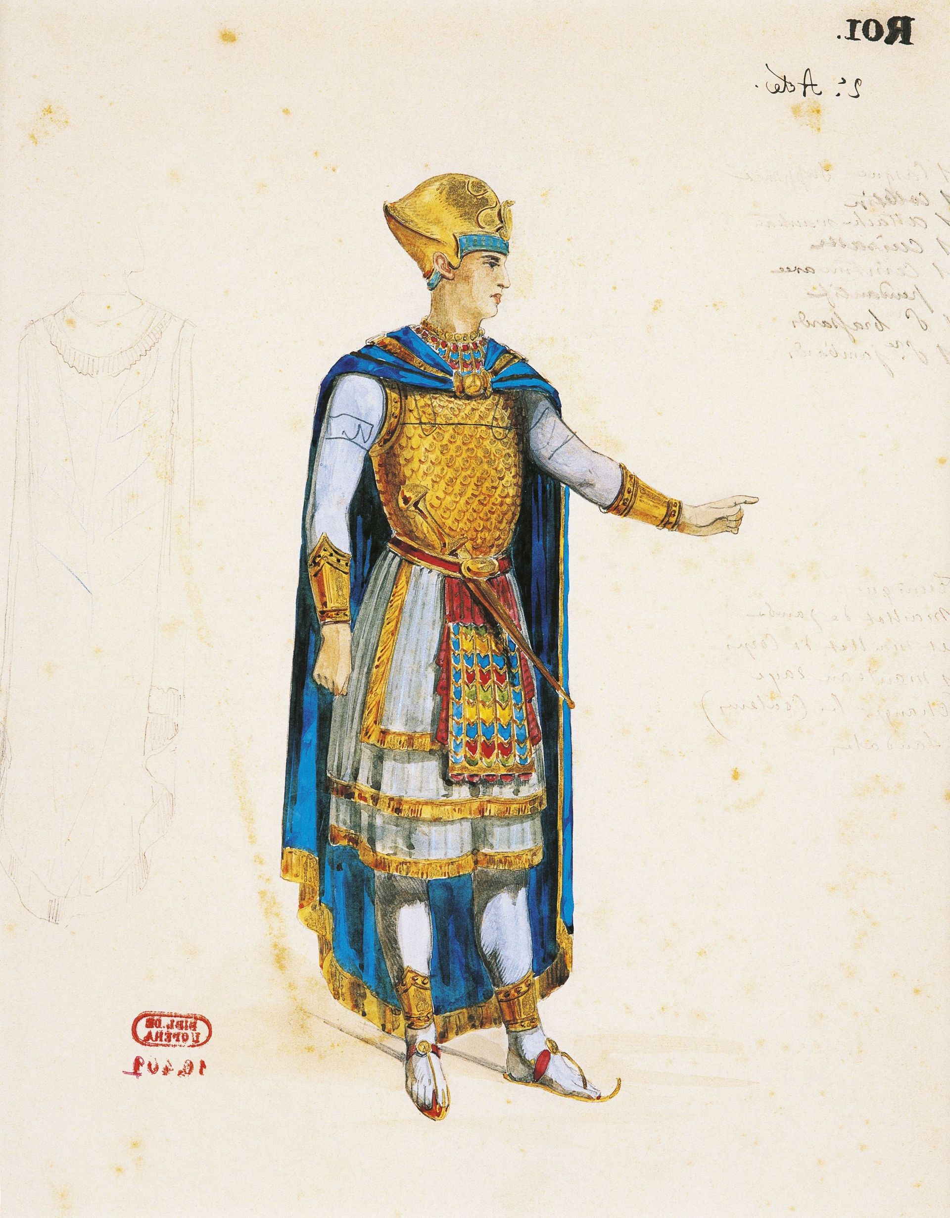 France, Paris, Costume sketch for the King in Aida by Giuseppe Verdi for the Premiere at Khedivial Opera House in Cairo