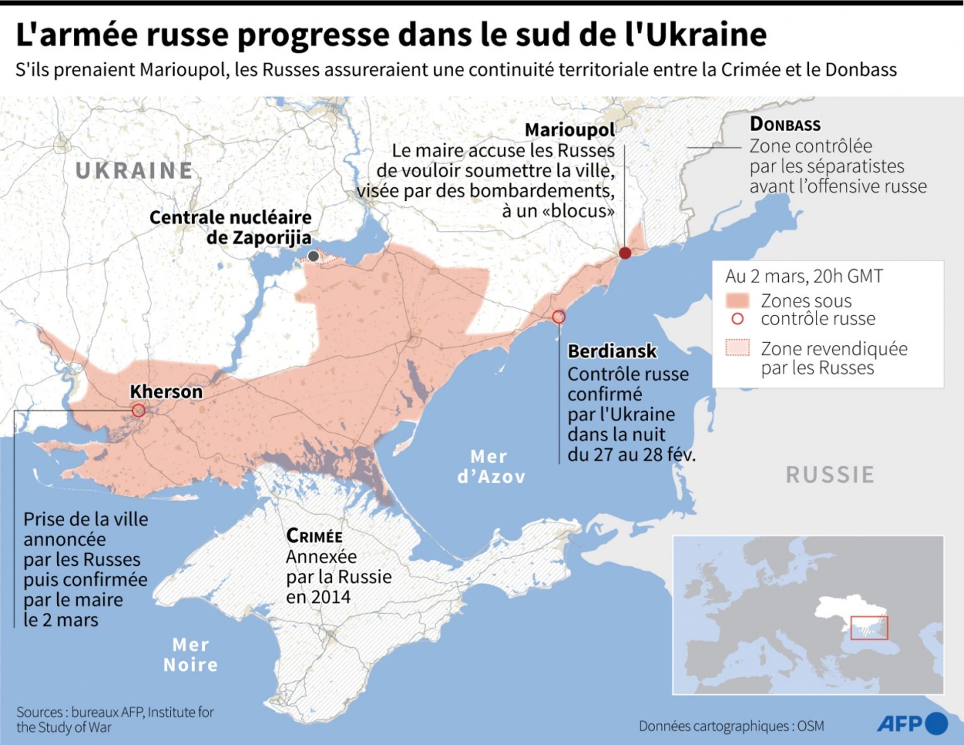 Carte du sud-est de l’Ukraine situant les villes de Kherson et de Berdiansk, sous contrôle russe, la centrale de Zapirijia, dans une zone dont les troupes russes revendiquent le contrôle, et la ville de Marioupol, cible de bombardements russes, ainsi que 