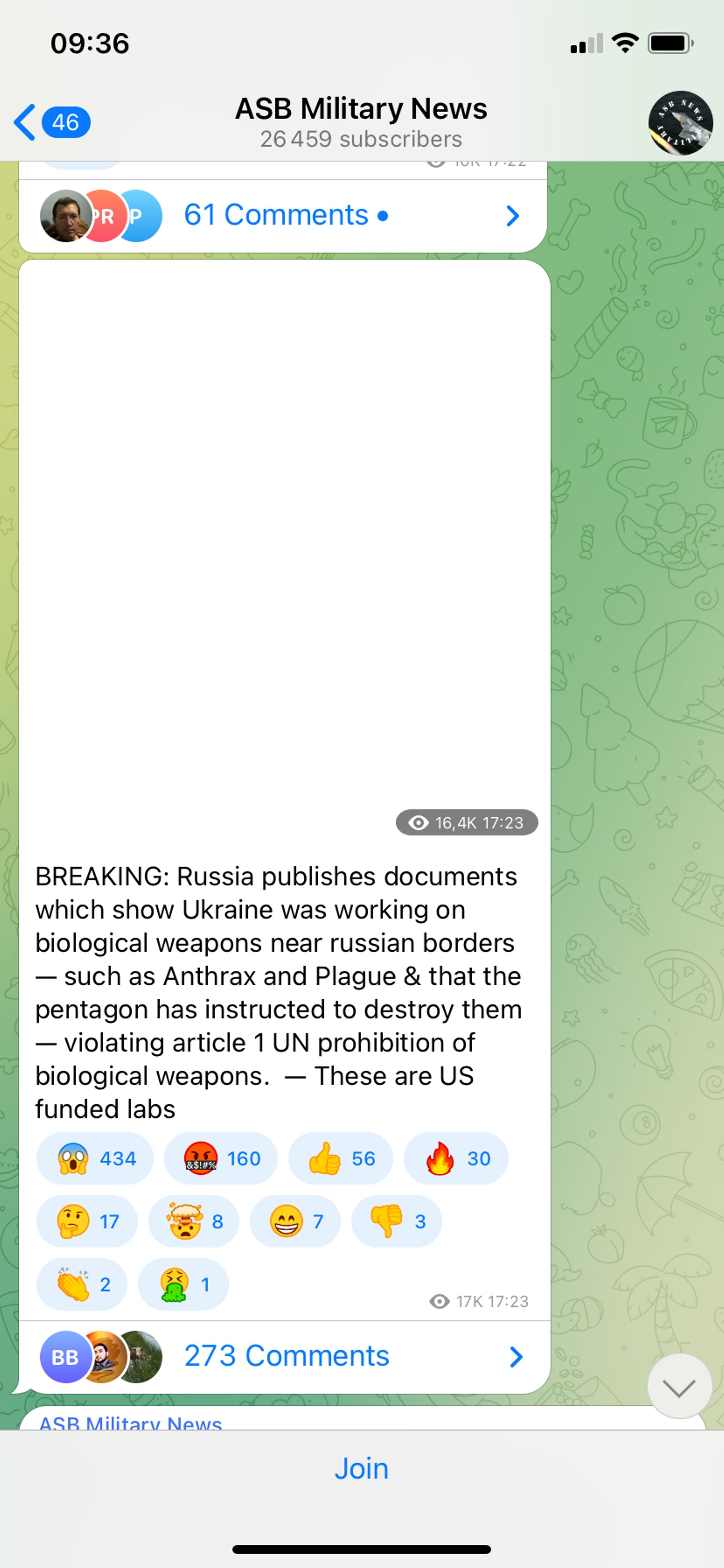 Exemple de publication du groupe ASB News Military sur la messagerie cryptée Telegram.