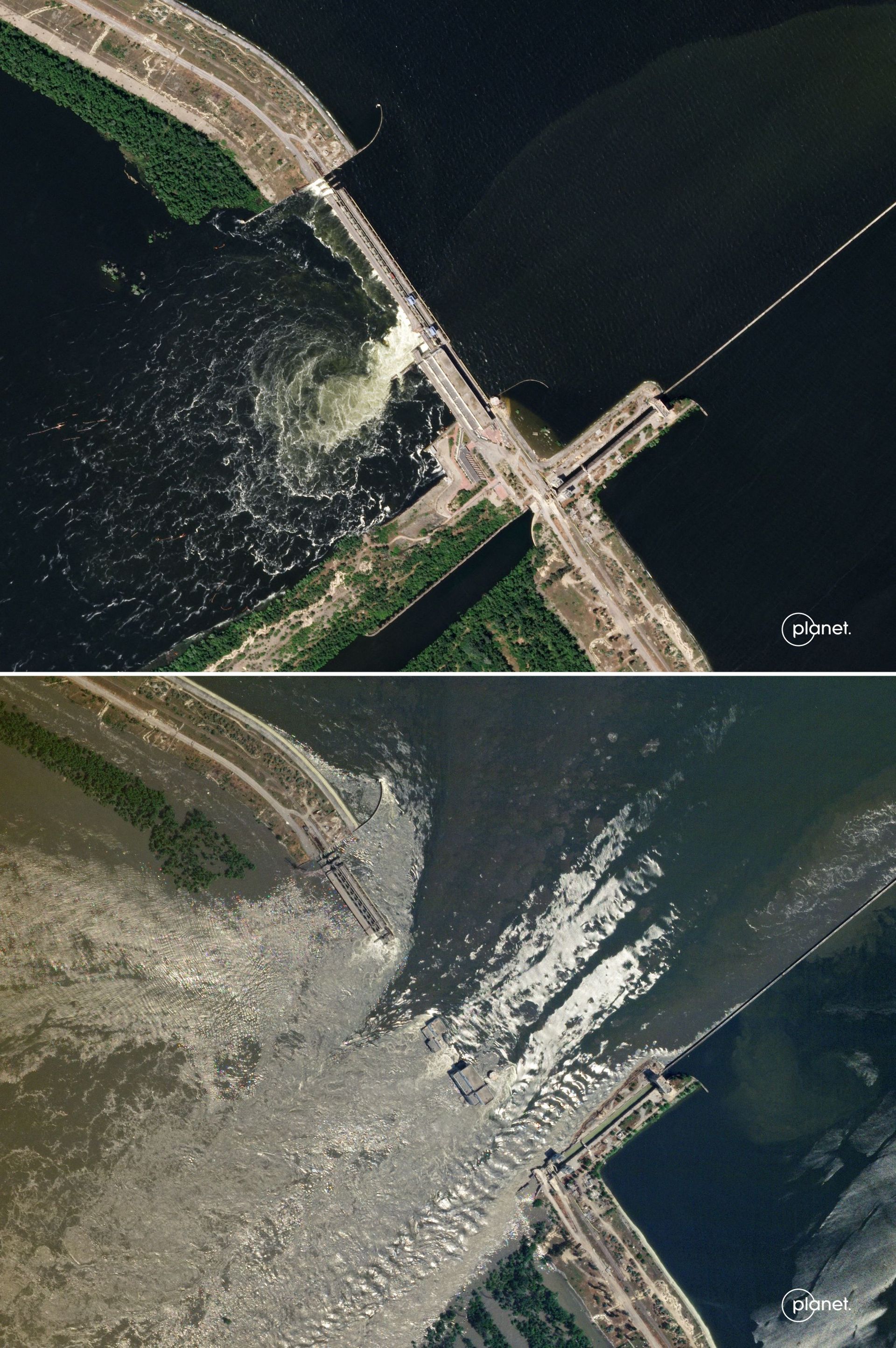 image SkySat prise le 4 juin 2023 et diffusée le 6 juin 2023 montrant le barrage HPP de Kakhovka non endommagé et (en bas) une image prise le 6 juin 2023 montrant de l'eau s'écoulant à travers le barrage HPP de Kakhovka endommagé.