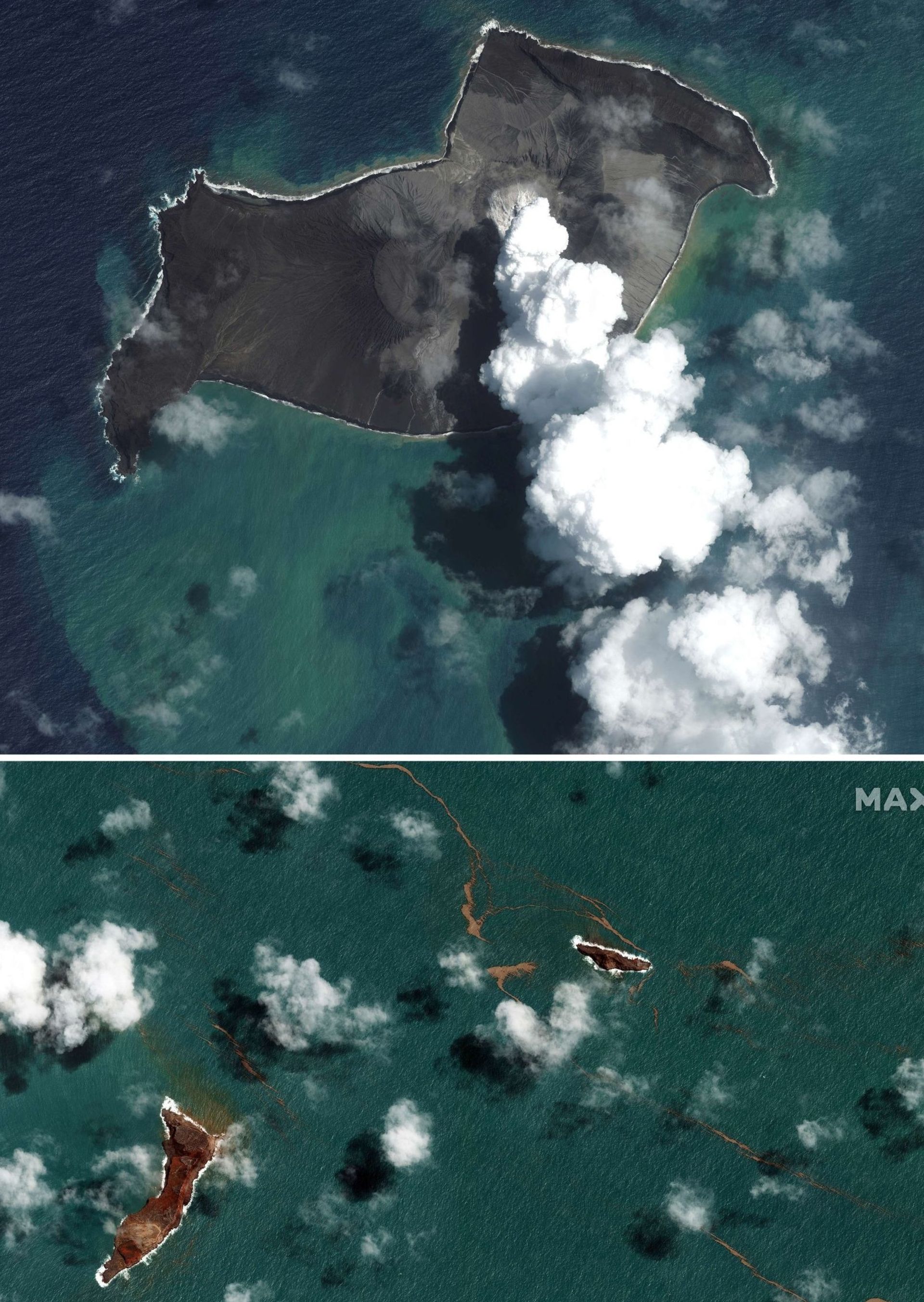 Ce duo d’images satellites montre le volcan à deux moments différents. La photo du haut montre le volcan qui rejette de la fumée et des cendres, le 6 janvier dernier, tandis que celle du bas montre le même volcan le 18 janvier, trois jours après l’éruptio