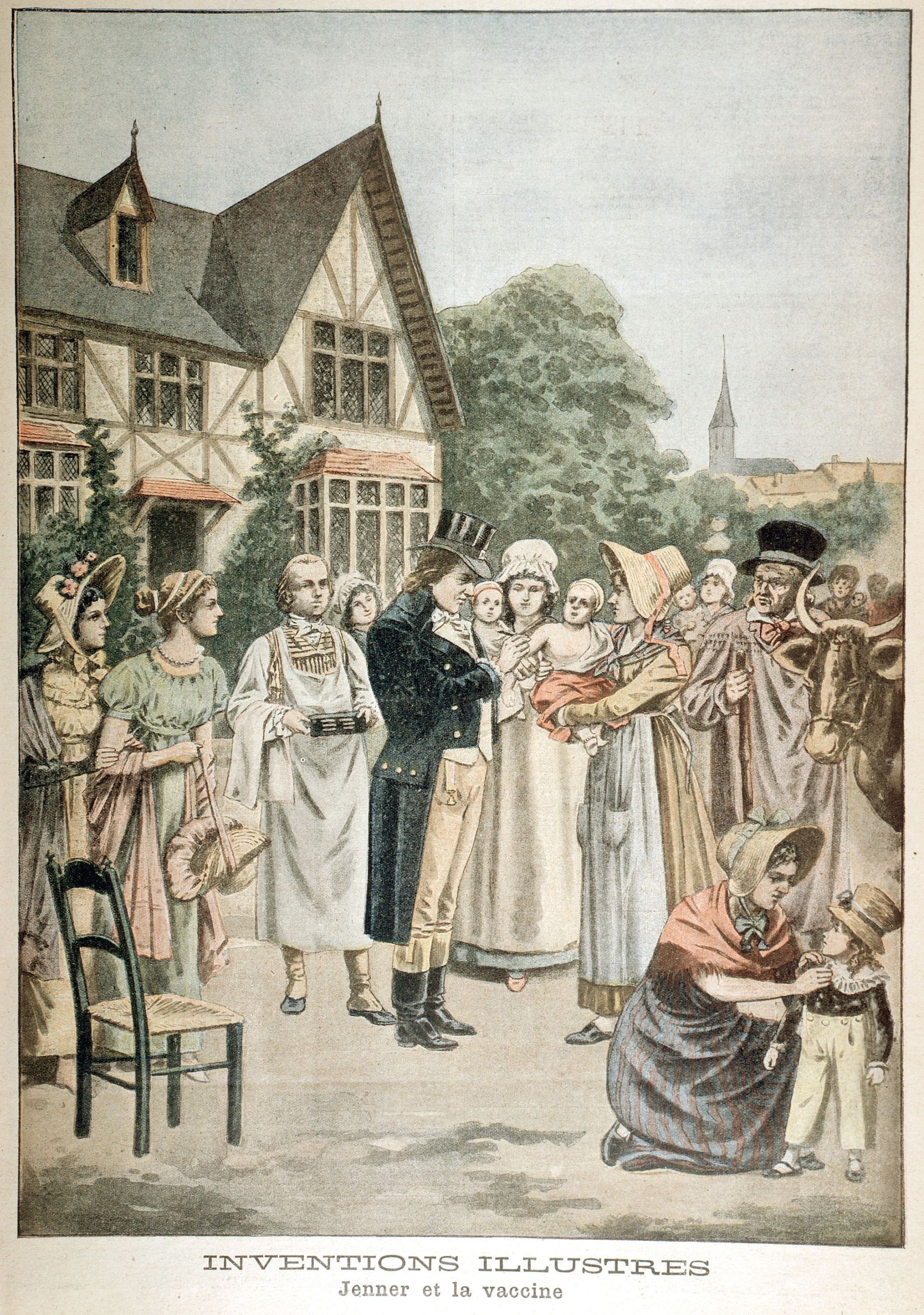 Edward Jenner (1749-1823), médecin anglais, vaccinant un enfant avec le sérum Cowpox (dessin de 1901)