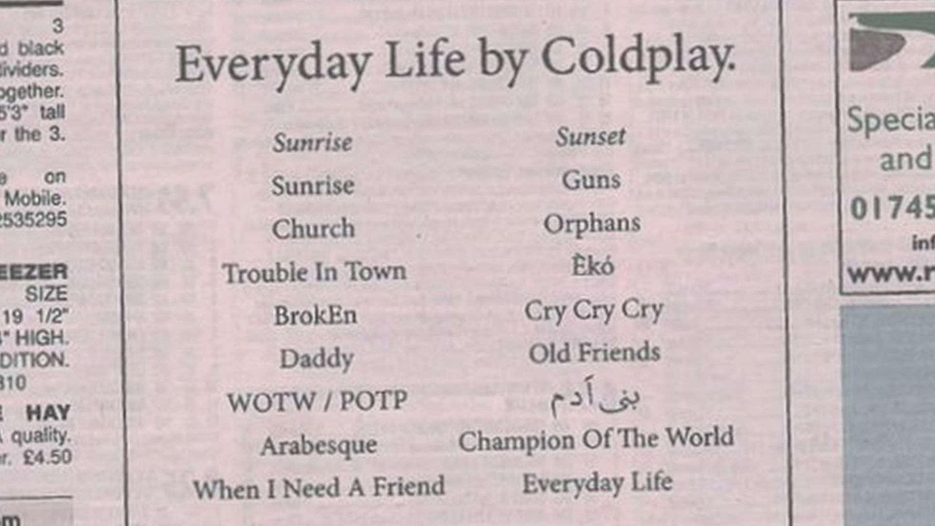 Coldplay publie dans les "petites annonces" d'un journal local