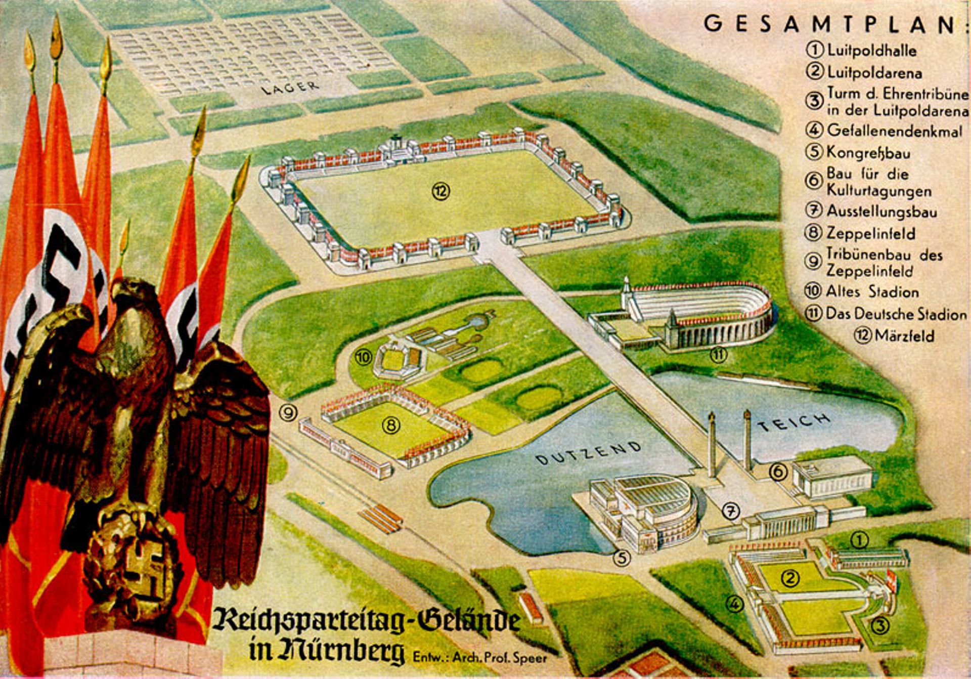 Carte postale, vers 1938, représentant le Terrain du congrès du Reich, tel qu’il aurait été une fois achevé.