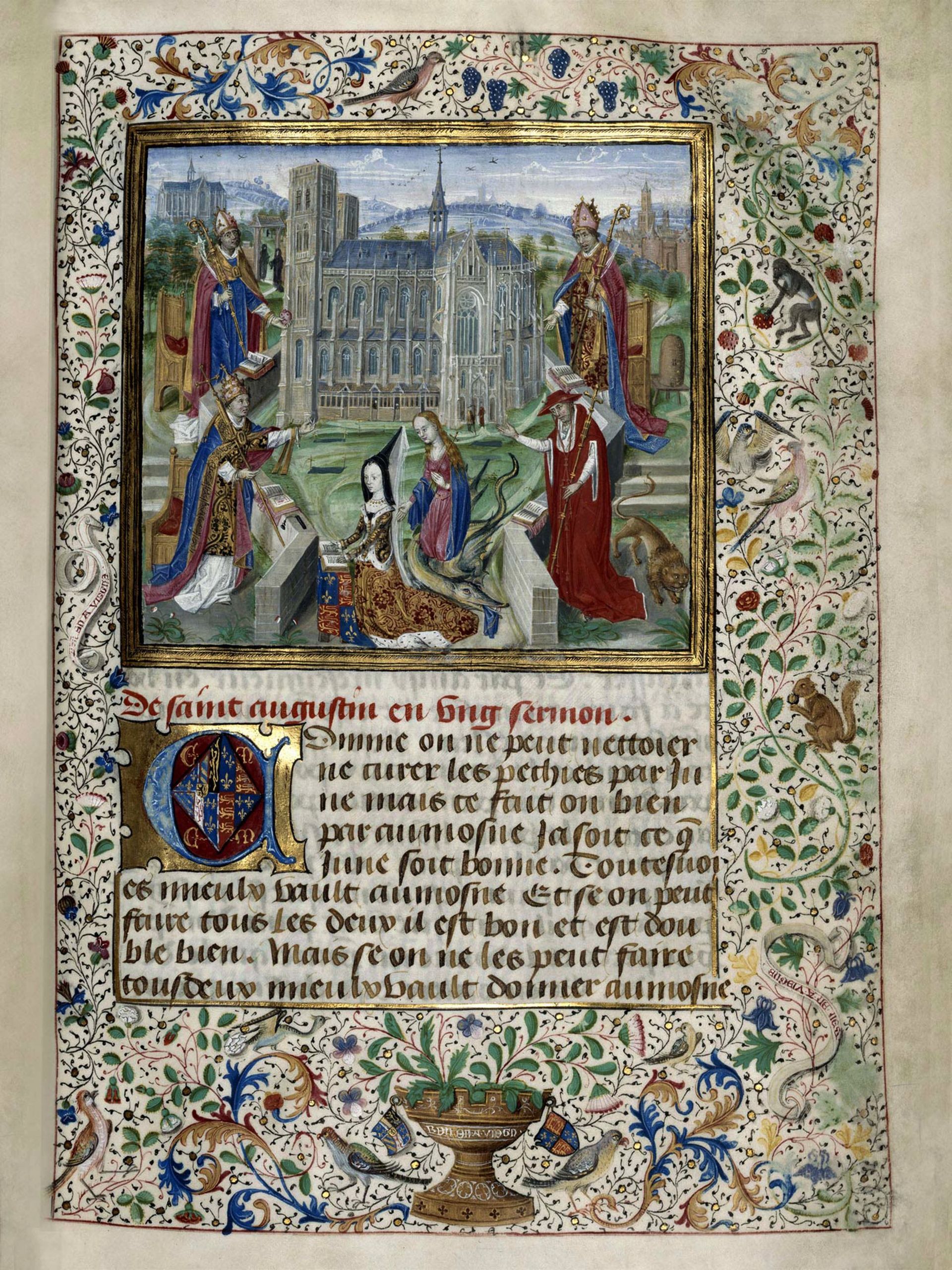 Un folio du bréviaire de Marguerite d’York : on y découvre la 3e épouse de Charles le Téméraire n prière devant la collégiale Sainte-Gudule à Bruxelles. Getty Images