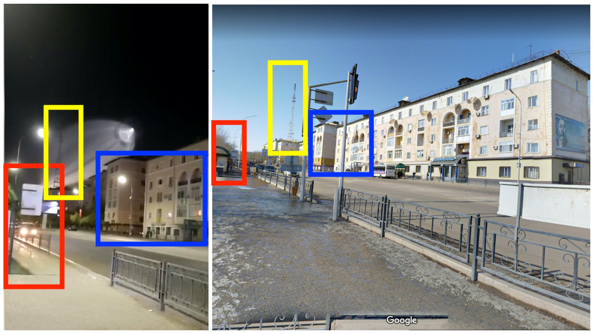 A gauche, une capture d'écran de la vidéo. A droite, une capture d'écran d'une photo postée sur Google Maps et datée de février 2021. Plusieurs éléments correspondent, comme le montrent les encadrés en rouge, bleu et jaune.