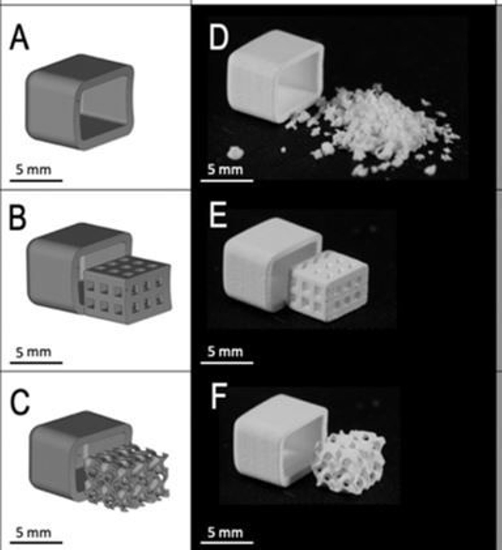 Les différentes formes utilisées pour les implants : 
- A et D : matériaux utilisés dans la pratique clinique
- B et E : matériaux imprimés en 3D, de forme "classique"
- C et F : matériaux de forme gyroïde développés par Liesbet Geris et son équipe