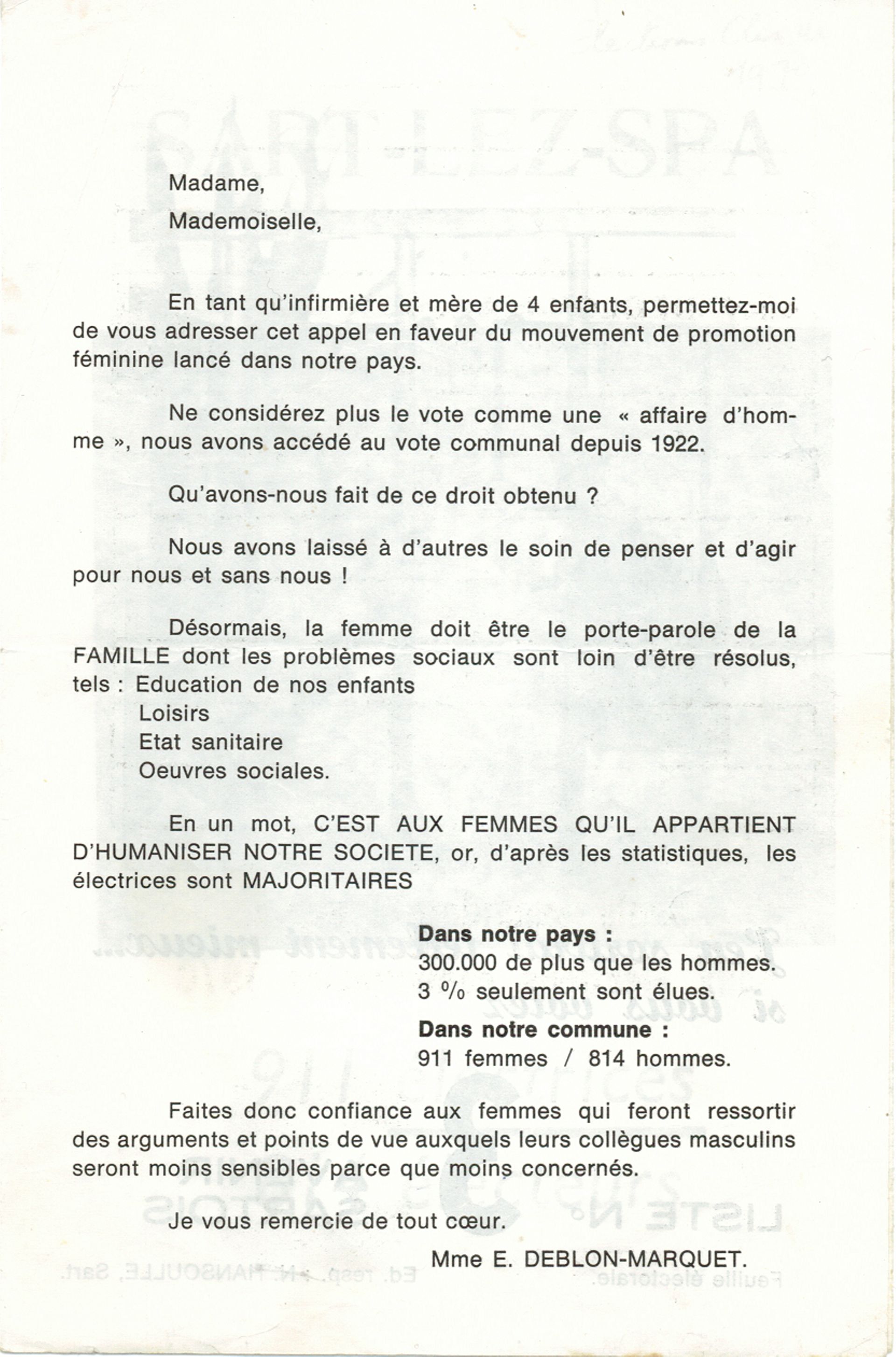 Tract de Lucy Deblon Marquet pour les élections communales de 1970.