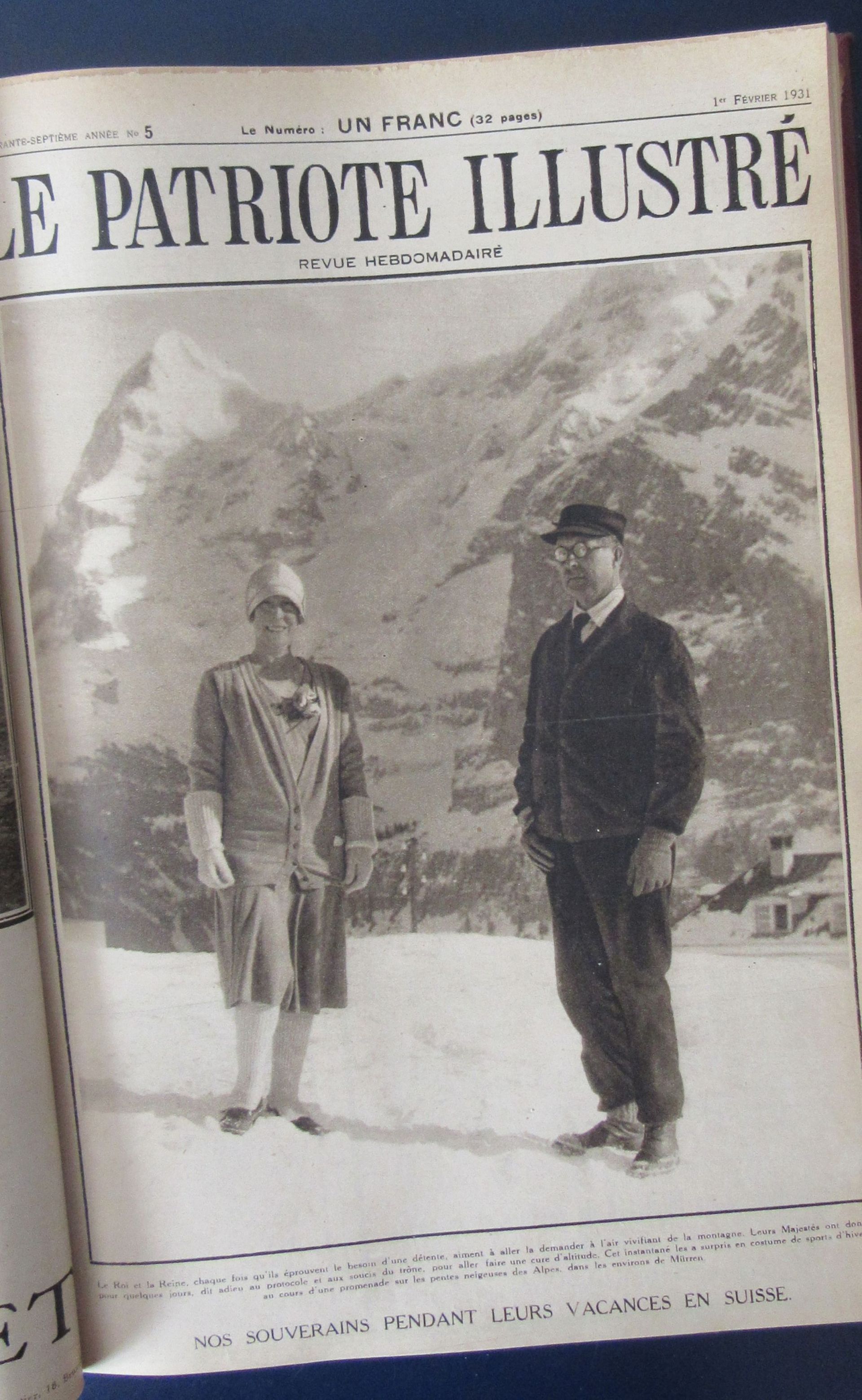 Couverture du « Patriote illustré » du 1er février 1931 : Albert et Élisabeth de Belgique durant leurs vacances d’hiver en Suisse.