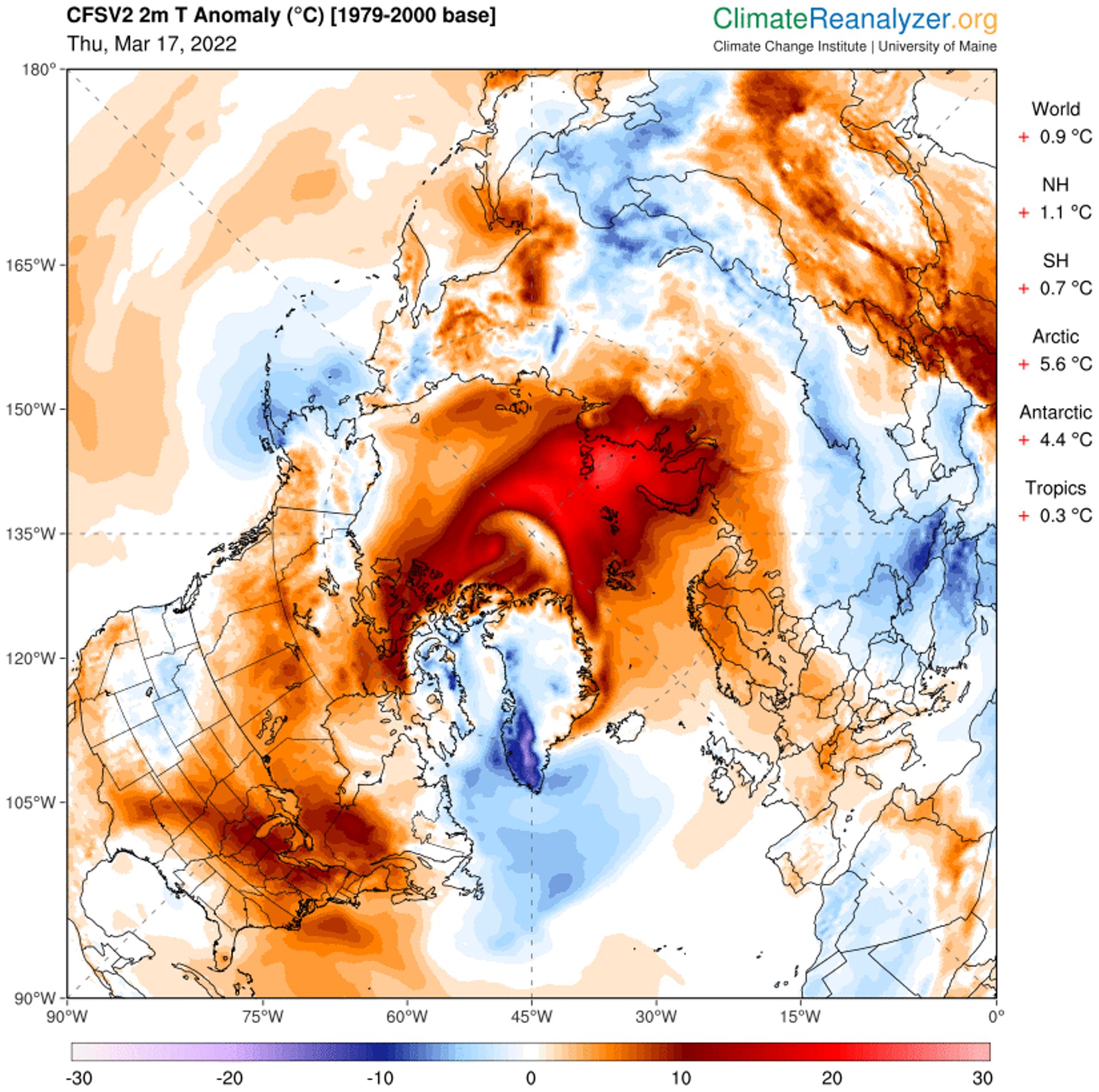 Anomalies de températures en Arctique le 17 mars 2022